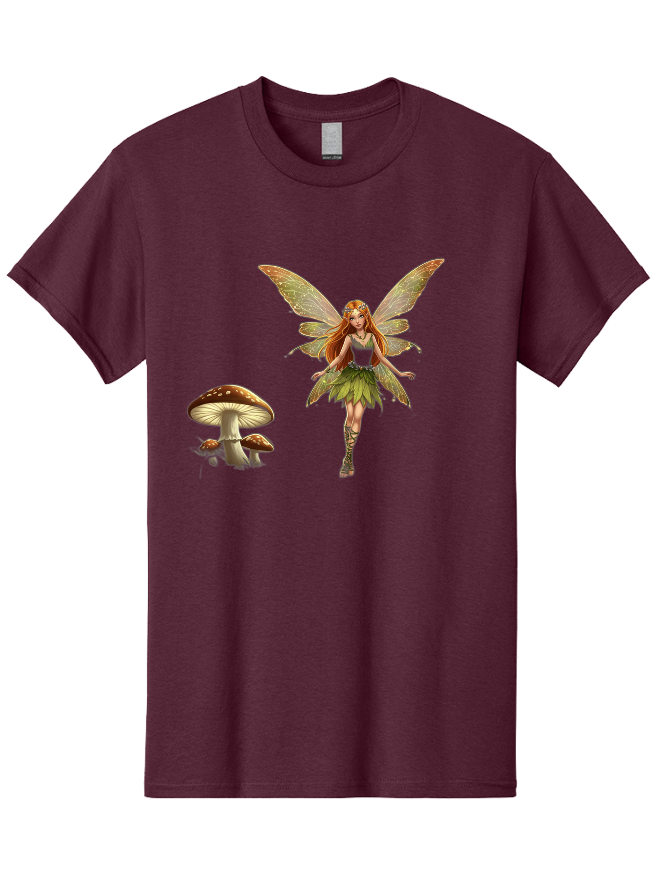Fairy-With-Mushrooms Men'S Graphic Tee, 100% Cotton, Comfortable Casual Summer Wear, Machine Washable, Fairy With Wings, Green Dress, Red Hair, Mushrooms, Fantasy Creature, Mythical Being, Magical, Mystical, Whimsical, Enchanting Bab895