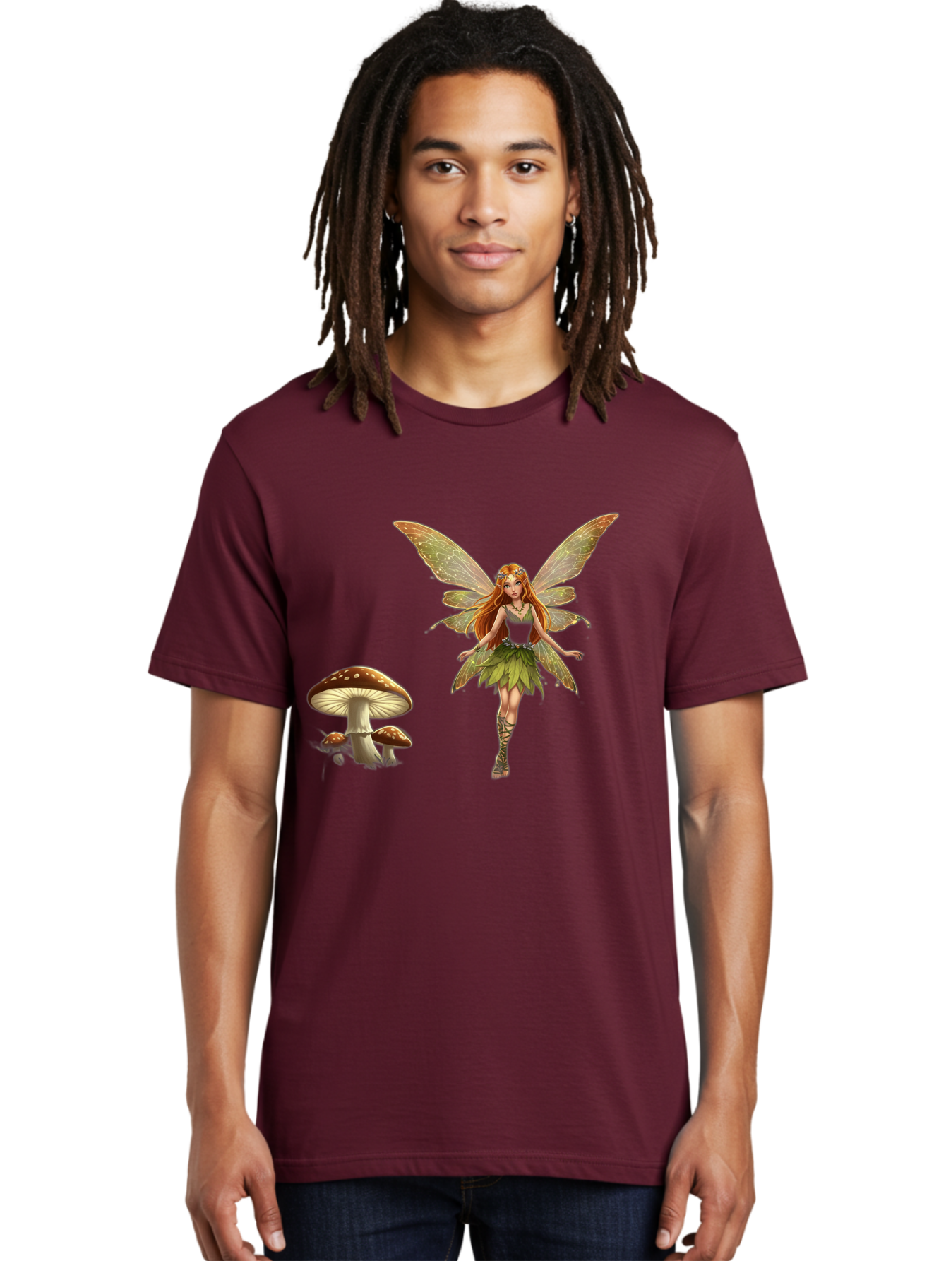 Fairy-With-Mushrooms Men'S Graphic Tee, 100% Cotton, Comfortable Casual Summer Wear, Machine Washable, Fairy With Wings, Green Dress, Red Hair, Mushrooms, Fantasy Creature, Mythical Being, Magical, Mystical, Whimsical, Enchanting Bab895