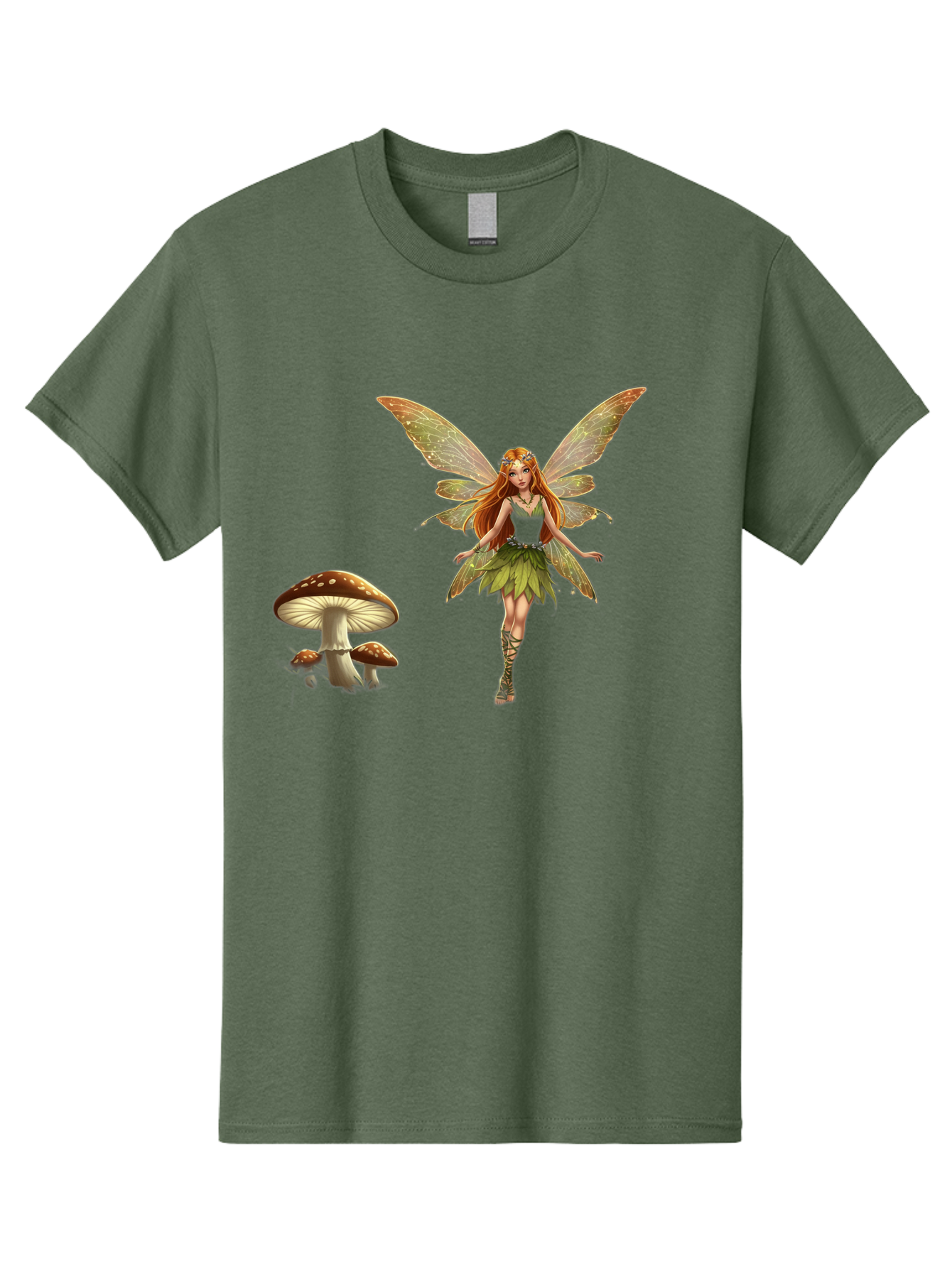 Fairy-With-Mushrooms Men'S Graphic Tee, 100% Cotton, Comfortable Casual Summer Wear, Machine Washable, Fairy With Wings, Green Dress, Red Hair, Mushrooms, Fantasy Creature, Mythical Being, Magical, Mystical, Whimsical, Enchanting Bab895