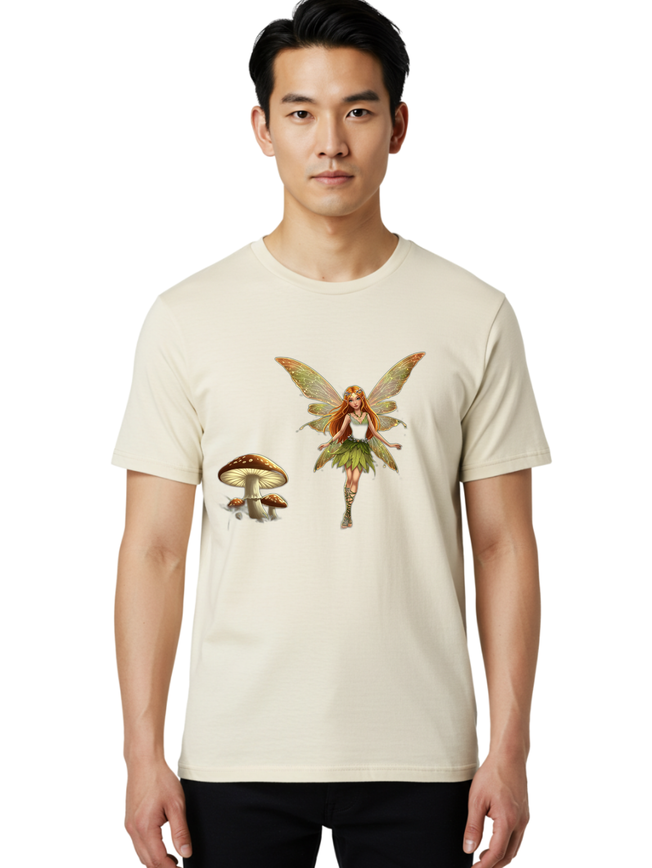 Fairy-With-Mushrooms Men'S Graphic Tee, 100% Cotton, Comfortable Casual Summer Wear, Machine Washable, Fairy With Wings, Green Dress, Red Hair, Mushrooms, Fantasy Creature, Mythical Being, Magical, Mystical, Whimsical, Enchanting Bab895