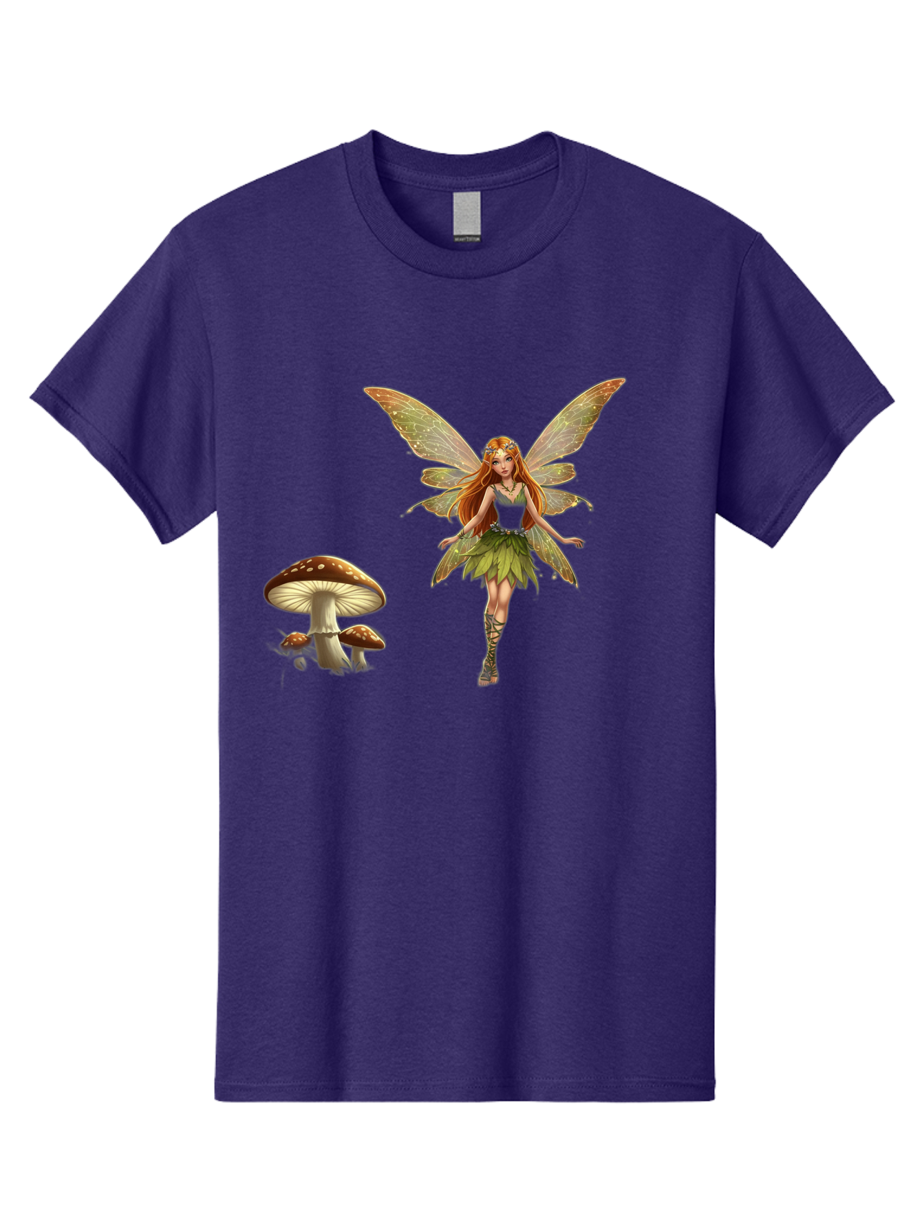 Fairy-With-Mushrooms Men'S Graphic Tee, 100% Cotton, Comfortable Casual Summer Wear, Machine Washable, Fairy With Wings, Green Dress, Red Hair, Mushrooms, Fantasy Creature, Mythical Being, Magical, Mystical, Whimsical, Enchanting Bab895