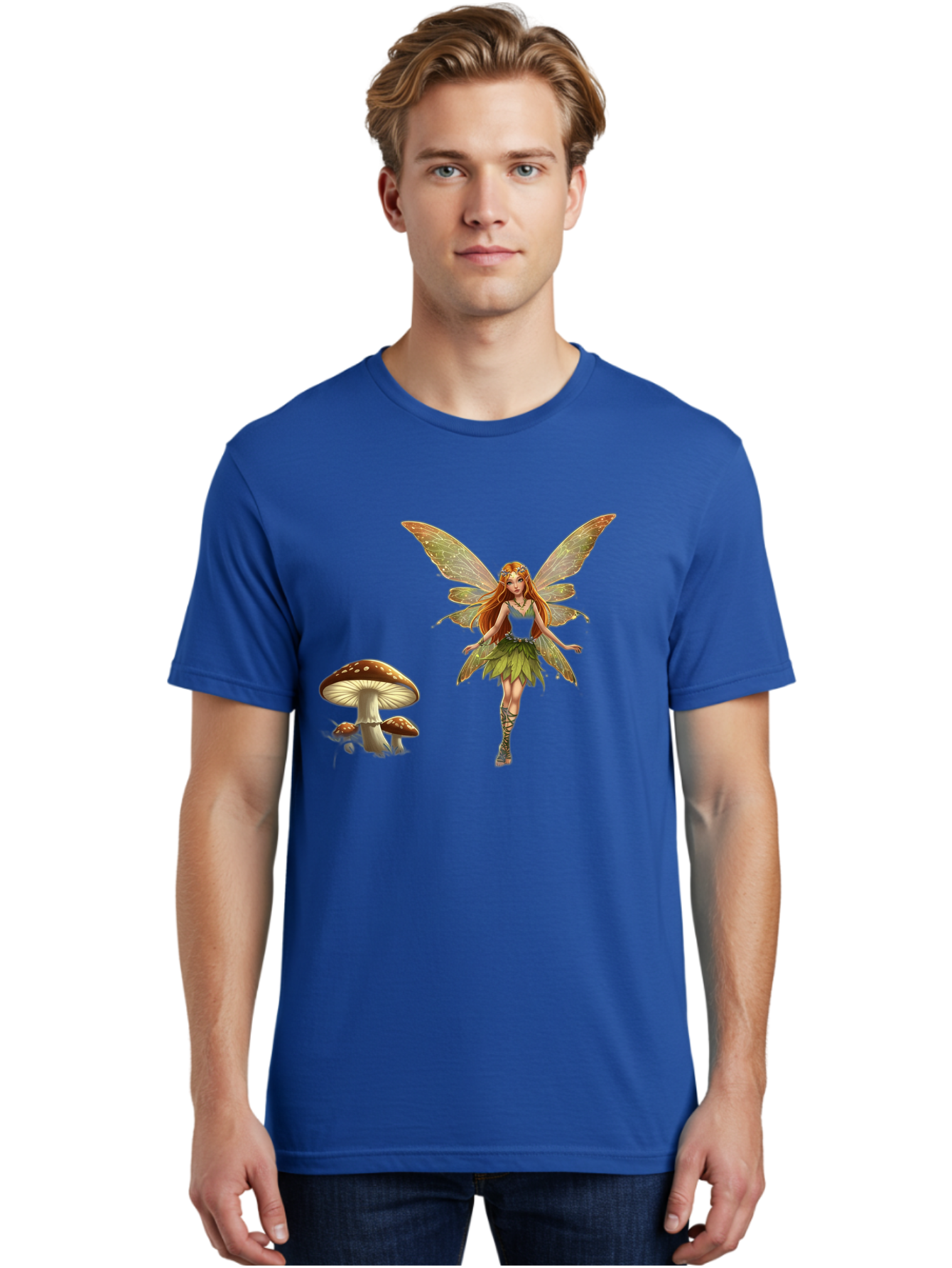 Fairy-With-Mushrooms Men'S Graphic Tee, 100% Cotton, Comfortable Casual Summer Wear, Machine Washable, Fairy With Wings, Green Dress, Red Hair, Mushrooms, Fantasy Creature, Mythical Being, Magical, Mystical, Whimsical, Enchanting Bab895