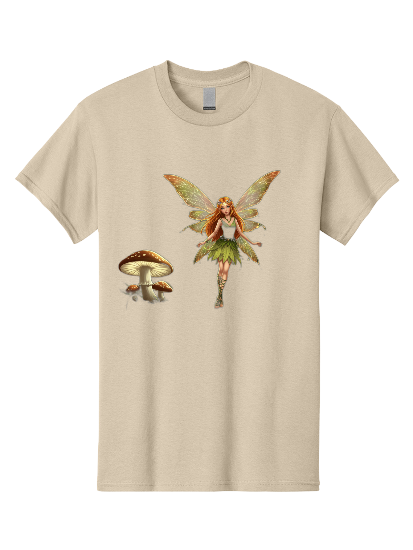 Fairy-With-Mushrooms Men'S Graphic Tee, 100% Cotton, Comfortable Casual Summer Wear, Machine Washable, Fairy With Wings, Green Dress, Red Hair, Mushrooms, Fantasy Creature, Mythical Being, Magical, Mystical, Whimsical, Enchanting Bab895