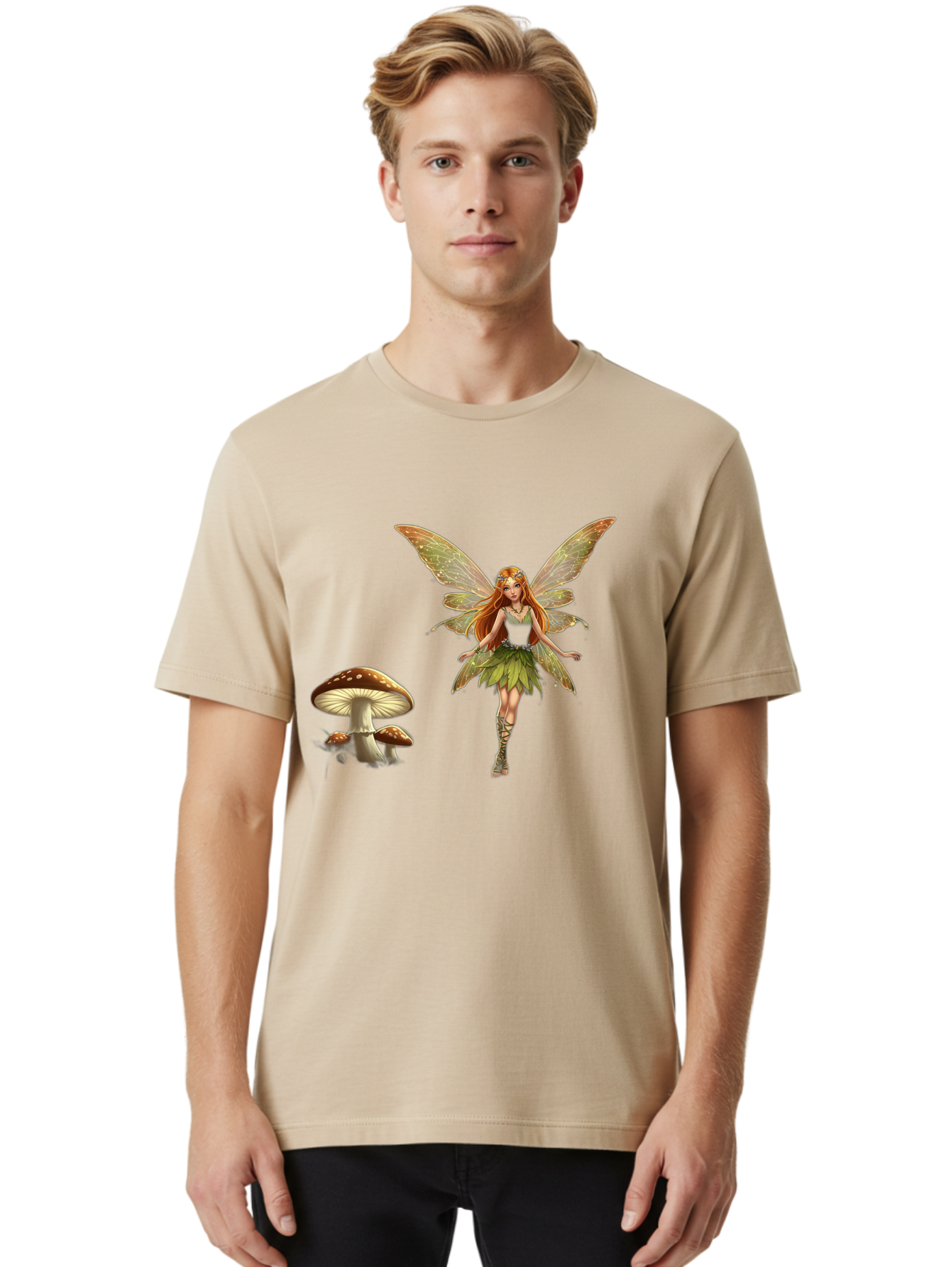 Fairy-With-Mushrooms Men'S Graphic Tee, 100% Cotton, Comfortable Casual Summer Wear, Machine Washable, Fairy With Wings, Green Dress, Red Hair, Mushrooms, Fantasy Creature, Mythical Being, Magical, Mystical, Whimsical, Enchanting Bab895