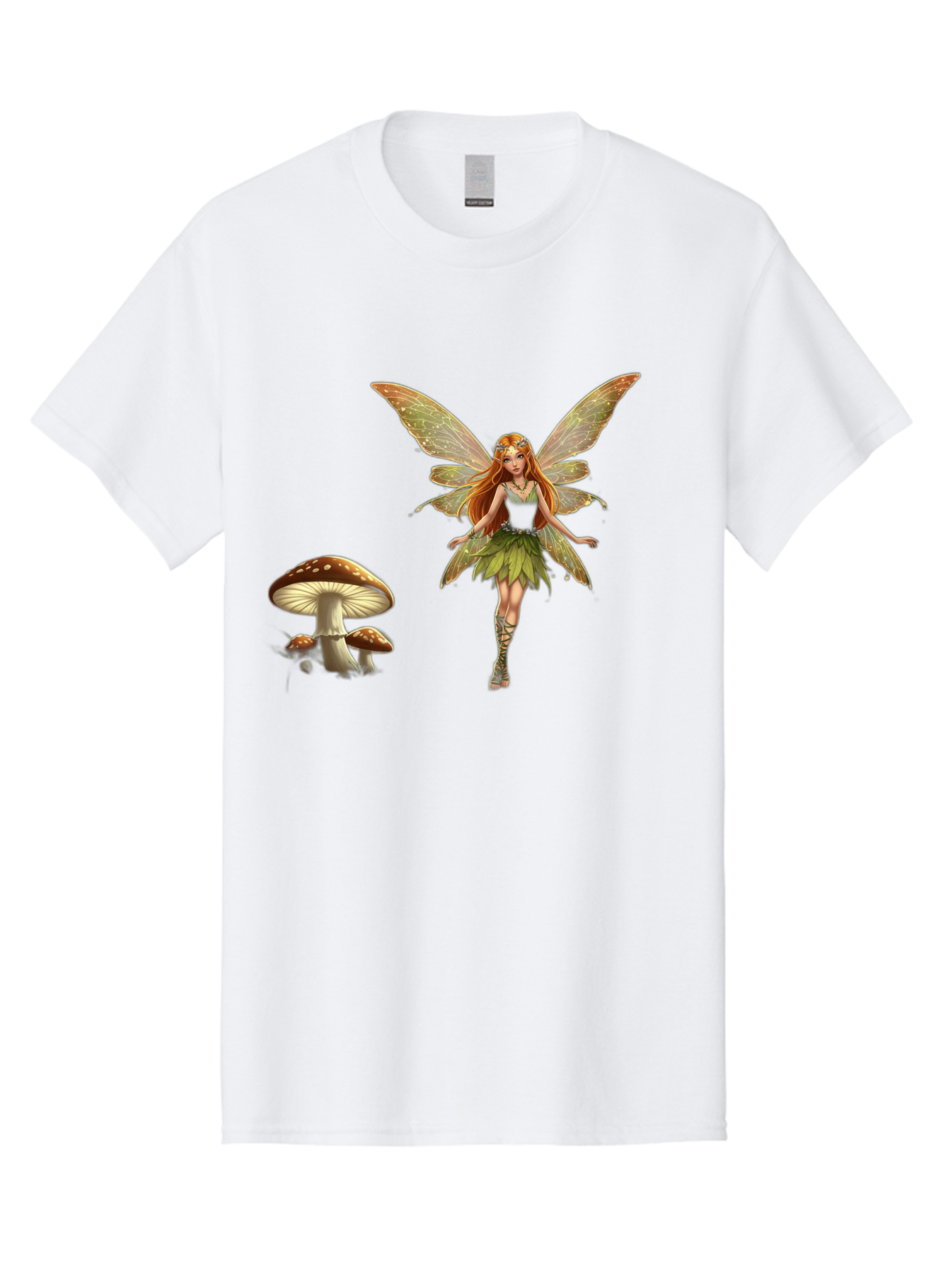 Fairy-With-Mushrooms Men'S Graphic Tee, 100% Cotton, Comfortable Casual Summer Wear, Machine Washable, Fairy With Wings, Green Dress, Red Hair, Mushrooms, Fantasy Creature, Mythical Being, Magical, Mystical, Whimsical, Enchanting Bab895