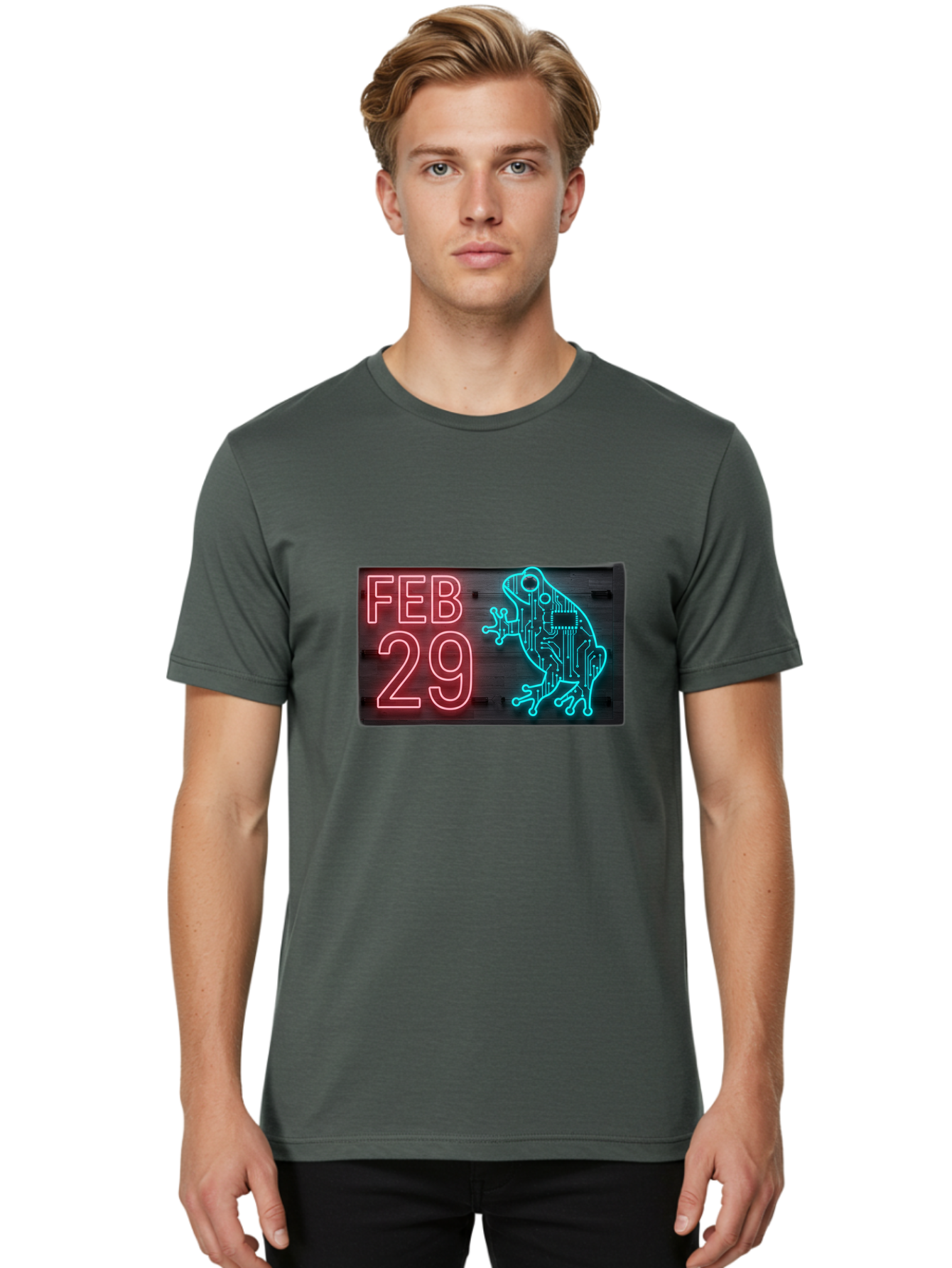 Feb-29-3 Men'S Graphic Tee, 100% Cotton, Comfortable Casual Summer Wear, Machine Washable, Neon Sign, Cyberpunk Frog, Futuristic Design, February 29, Robotic Amphibian, Tech-Inspired Art, Futuristic Creature, Circuit Frog, Glowing Neon, Bab898