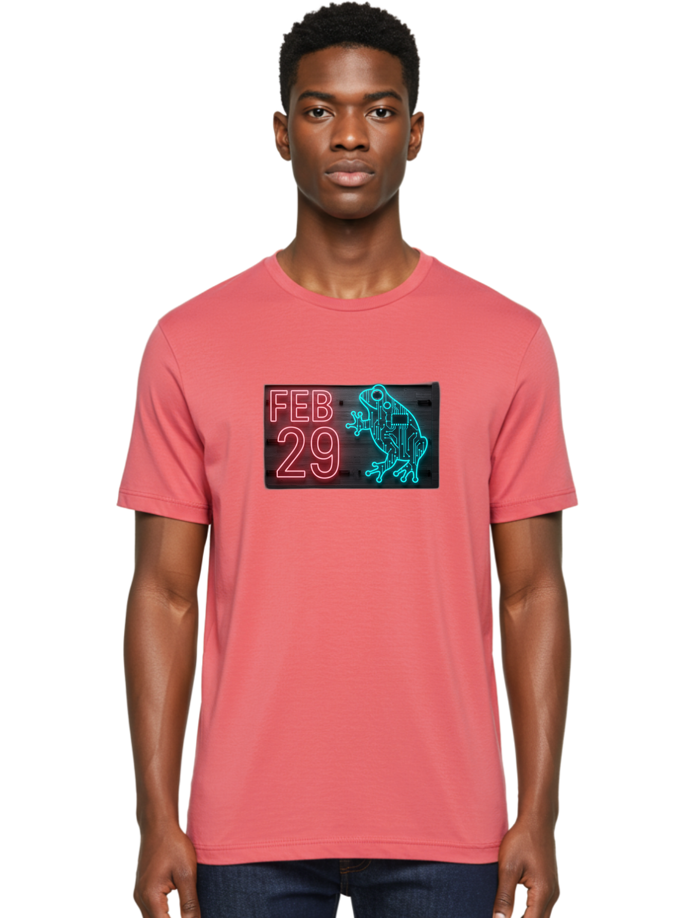 Feb-29-3 Men'S Graphic Tee, 100% Cotton, Comfortable Casual Summer Wear, Machine Washable, Neon Sign, Cyberpunk Frog, Futuristic Design, February 29, Robotic Amphibian, Tech-Inspired Art, Futuristic Creature, Circuit Frog, Glowing Neon, Bab898