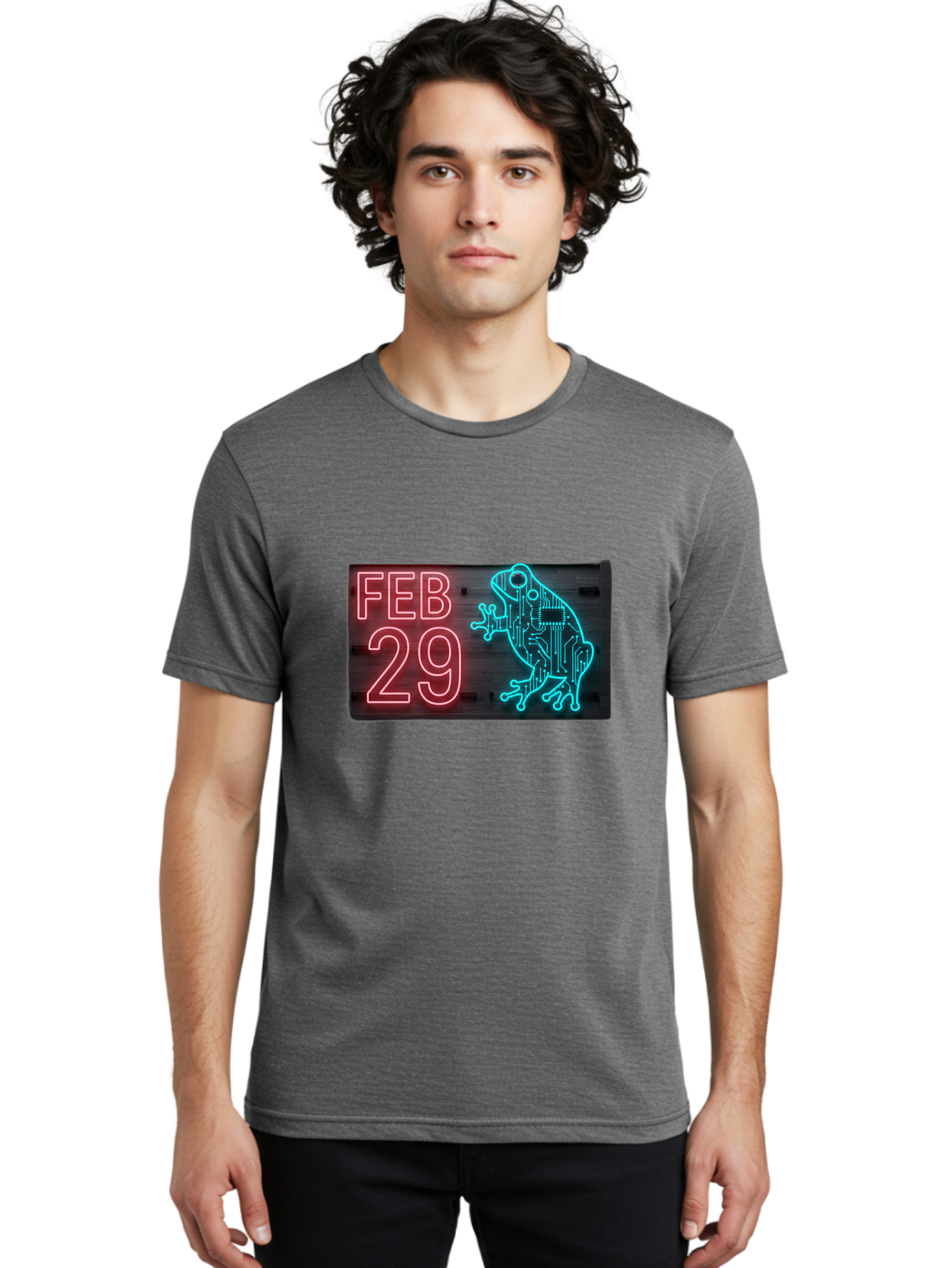 Feb-29-3 Men'S Graphic Tee, 100% Cotton, Comfortable Casual Summer Wear, Machine Washable, Neon Sign, Cyberpunk Frog, Futuristic Design, February 29, Robotic Amphibian, Tech-Inspired Art, Futuristic Creature, Circuit Frog, Glowing Neon, Bab898