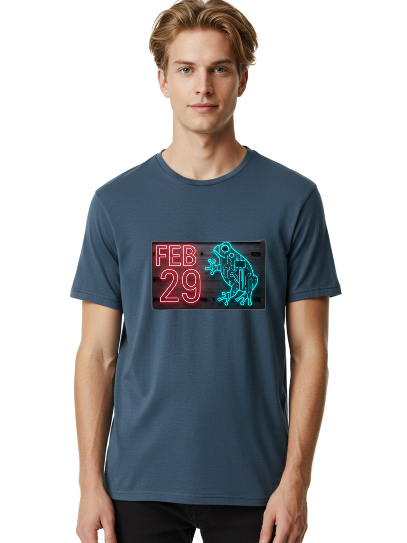 Feb-29-3 Men'S Graphic Tee, 100% Cotton, Comfortable Casual Summer Wear, Machine Washable, Neon Sign, Cyberpunk Frog, Futuristic Design, February 29, Robotic Amphibian, Tech-Inspired Art, Futuristic Creature, Circuit Frog, Glowing Neon, Bab898