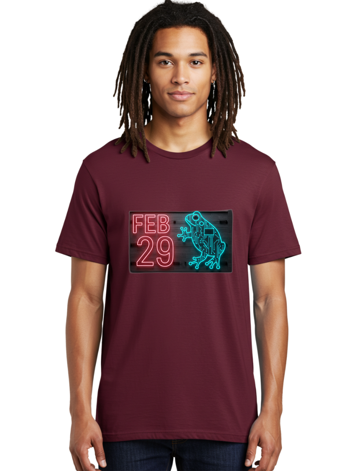 Feb-29-3 Men'S Graphic Tee, 100% Cotton, Comfortable Casual Summer Wear, Machine Washable, Neon Sign, Cyberpunk Frog, Futuristic Design, February 29, Robotic Amphibian, Tech-Inspired Art, Futuristic Creature, Circuit Frog, Glowing Neon, Bab898