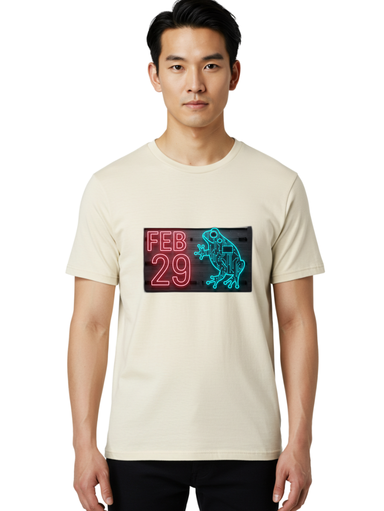 Feb-29-3 Men'S Graphic Tee, 100% Cotton, Comfortable Casual Summer Wear, Machine Washable, Neon Sign, Cyberpunk Frog, Futuristic Design, February 29, Robotic Amphibian, Tech-Inspired Art, Futuristic Creature, Circuit Frog, Glowing Neon, Bab898