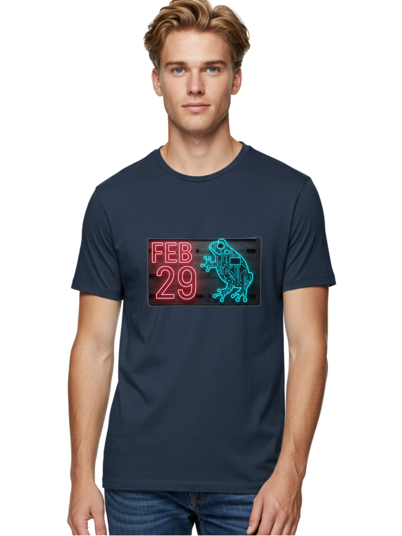Feb-29-3 Men'S Graphic Tee, 100% Cotton, Comfortable Casual Summer Wear, Machine Washable, Neon Sign, Cyberpunk Frog, Futuristic Design, February 29, Robotic Amphibian, Tech-Inspired Art, Futuristic Creature, Circuit Frog, Glowing Neon, Bab898