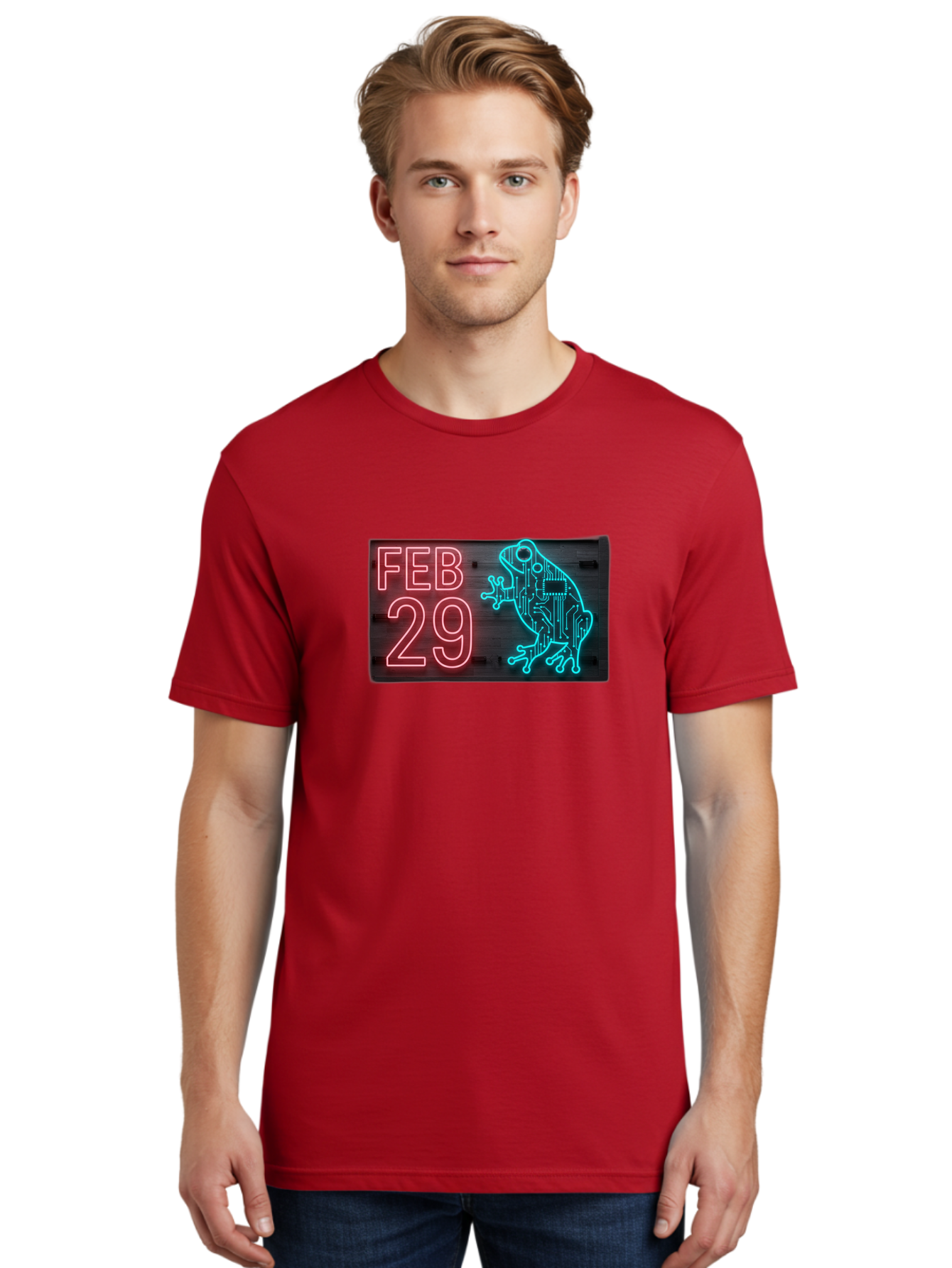Feb-29-3 Men'S Graphic Tee, 100% Cotton, Comfortable Casual Summer Wear, Machine Washable, Neon Sign, Cyberpunk Frog, Futuristic Design, February 29, Robotic Amphibian, Tech-Inspired Art, Futuristic Creature, Circuit Frog, Glowing Neon, Bab898
