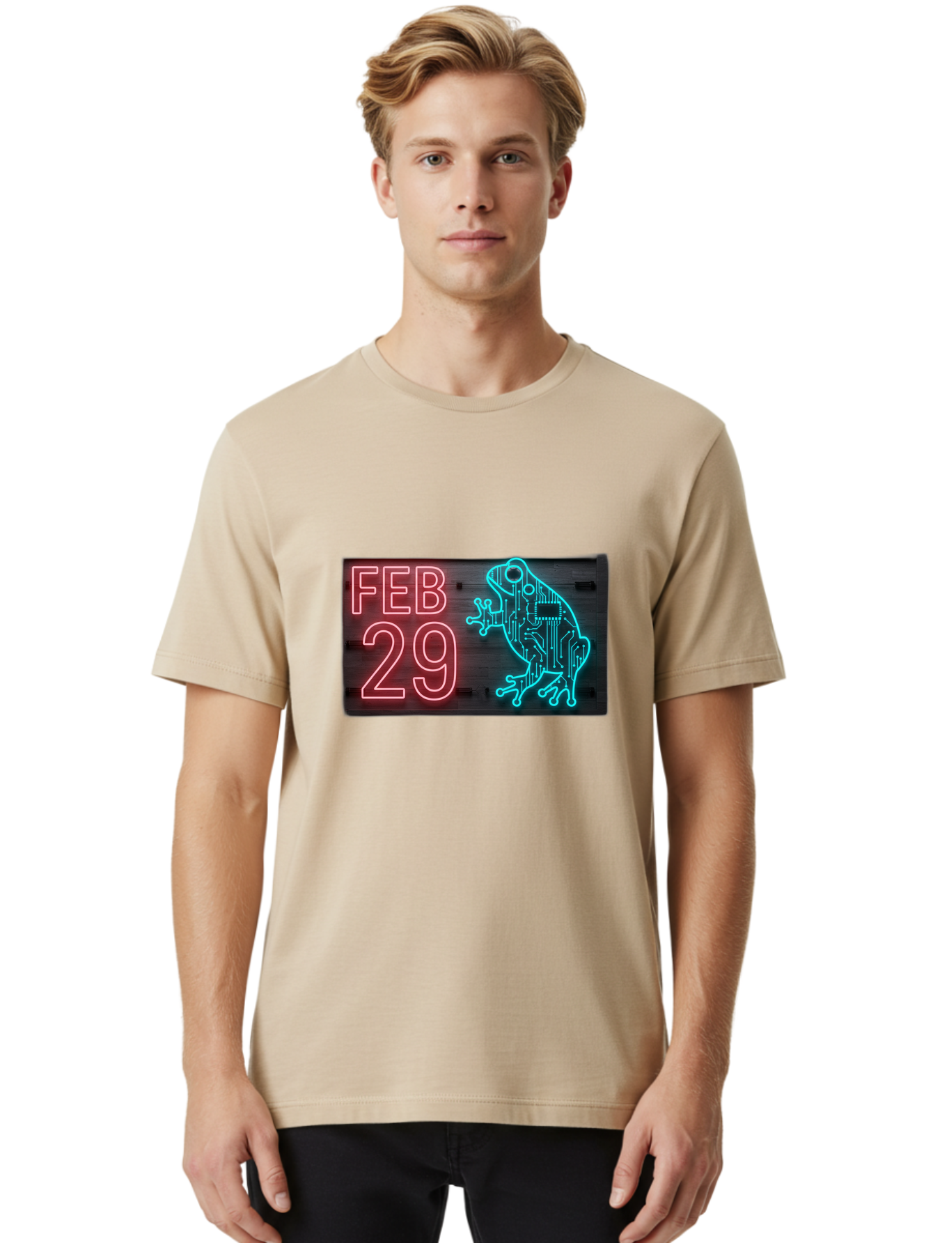 Feb-29-3 Men'S Graphic Tee, 100% Cotton, Comfortable Casual Summer Wear, Machine Washable, Neon Sign, Cyberpunk Frog, Futuristic Design, February 29, Robotic Amphibian, Tech-Inspired Art, Futuristic Creature, Circuit Frog, Glowing Neon, Bab898