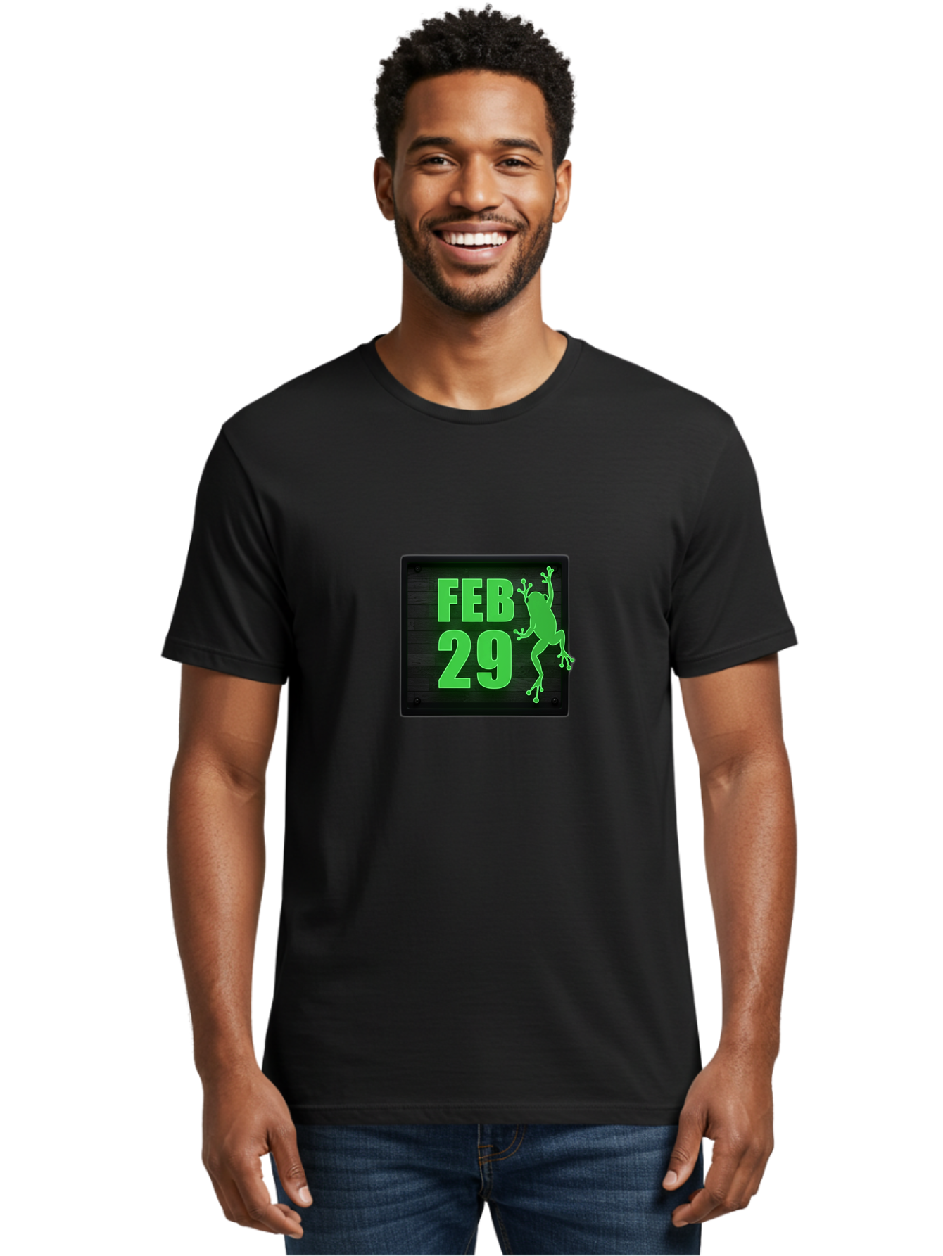 Feb-29 Men'S Graphic Tee, 100% Cotton, Comfortable Casual Summer Wear, Machine Washable, February 29, Leap Day, Frog Silhouette, Green Text, Black Sign, Fun Design, Quirky Graphics, Festive Elements, Unique Calendar Date Bab900