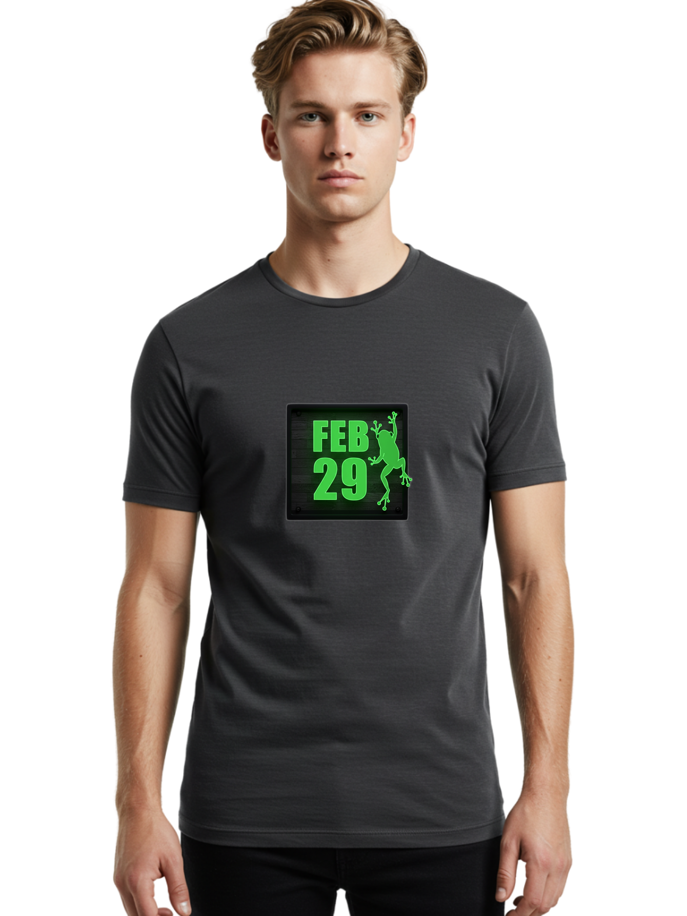 Feb-29 Men'S Graphic Tee, 100% Cotton, Comfortable Casual Summer Wear, Machine Washable, February 29, Leap Day, Frog Silhouette, Green Text, Black Sign, Fun Design, Quirky Graphics, Festive Elements, Unique Calendar Date Bab900
