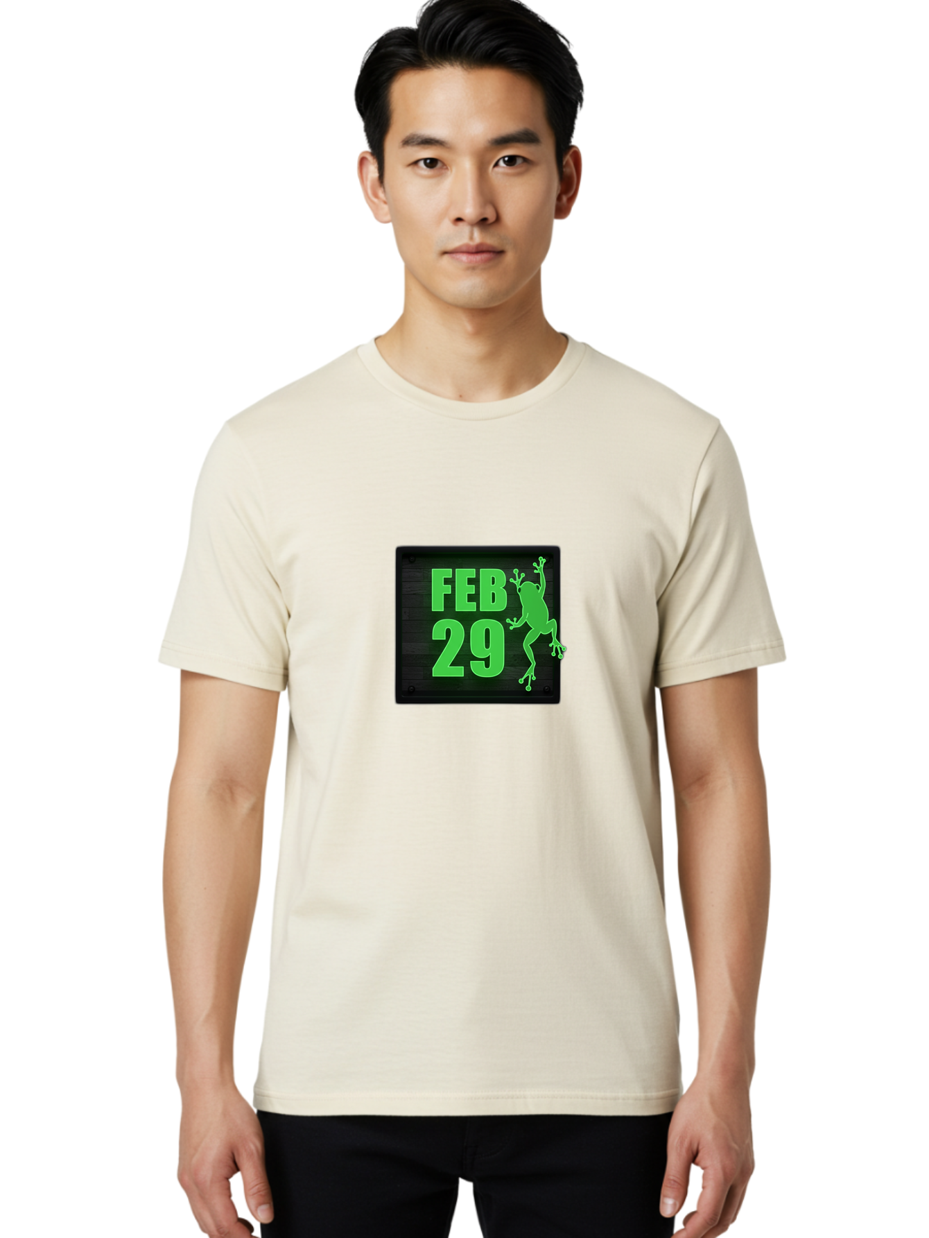 Feb-29 Men'S Graphic Tee, 100% Cotton, Comfortable Casual Summer Wear, Machine Washable, February 29, Leap Day, Frog Silhouette, Green Text, Black Sign, Fun Design, Quirky Graphics, Festive Elements, Unique Calendar Date Bab900