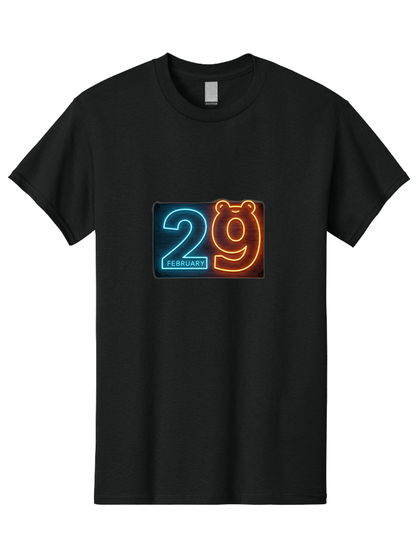 February-29 Men'S Graphic Tee, 100% Cotton, Comfortable Casual Summer Wear, Machine Washable, Leap Day, February 29, Neon Sign, Blue And Orange Glow, Bear Face, Unique Date, Calendar Event, Special Occasion, Retro Style, Glowing Numbers Bab901