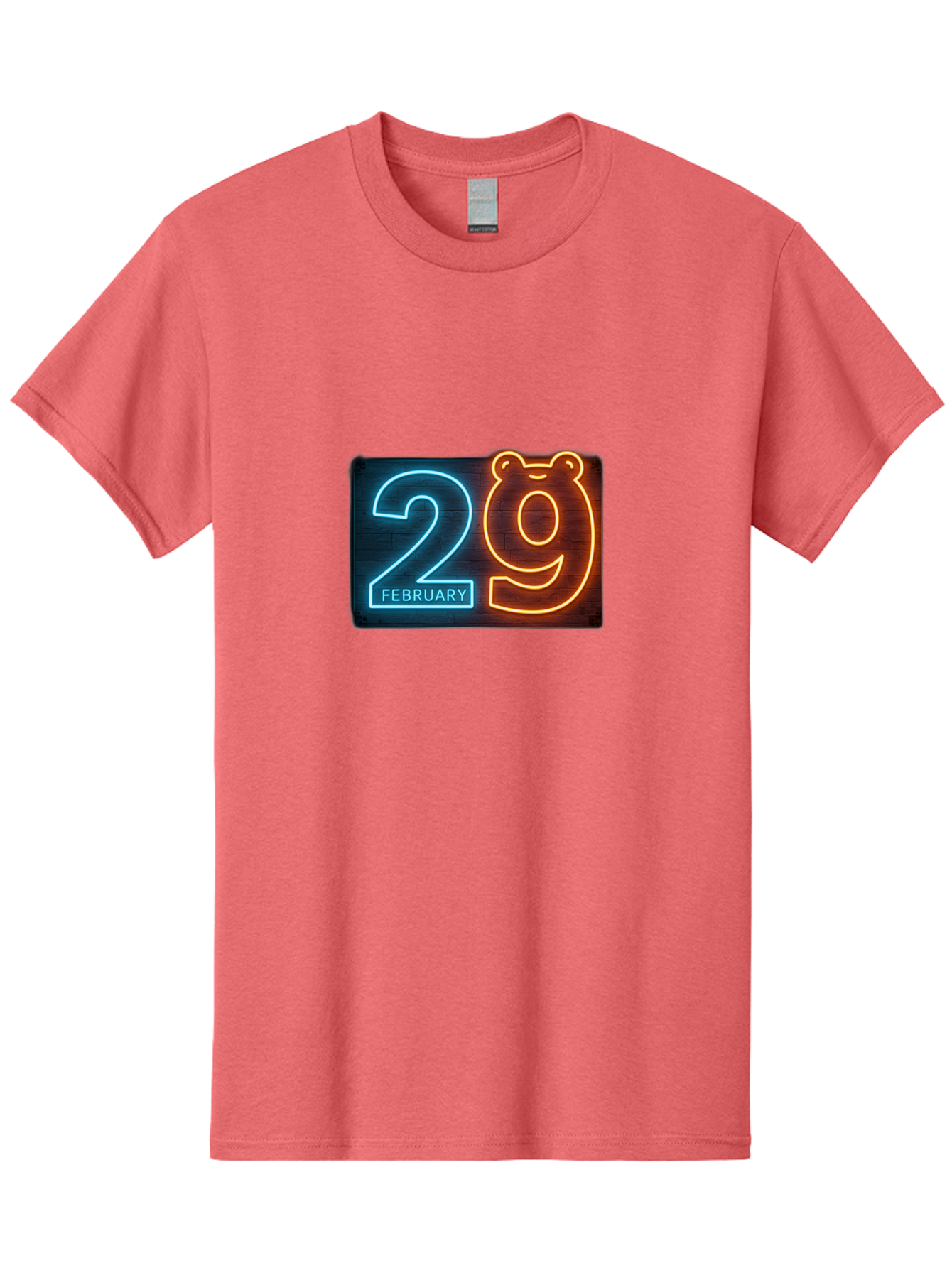 February-29 Men'S Graphic Tee, 100% Cotton, Comfortable Casual Summer Wear, Machine Washable, Leap Day, February 29, Neon Sign, Blue And Orange Glow, Bear Face, Unique Date, Calendar Event, Special Occasion, Retro Style, Glowing Numbers Bab901
