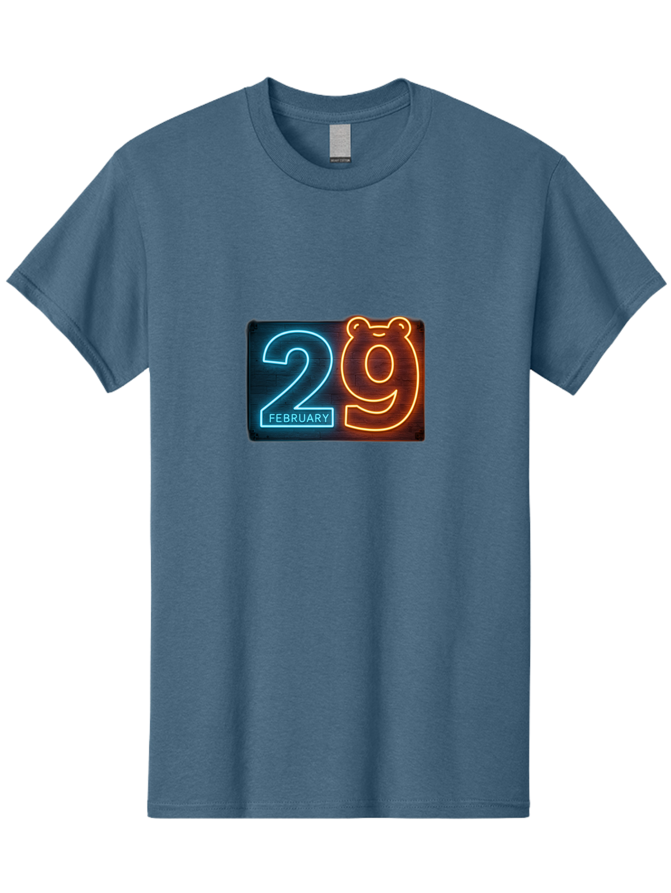 February-29 Men'S Graphic Tee, 100% Cotton, Comfortable Casual Summer Wear, Machine Washable, Leap Day, February 29, Neon Sign, Blue And Orange Glow, Bear Face, Unique Date, Calendar Event, Special Occasion, Retro Style, Glowing Numbers Bab901