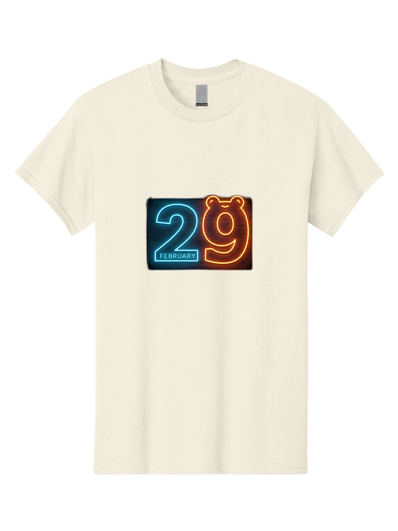 February-29 Men'S Graphic Tee, 100% Cotton, Comfortable Casual Summer Wear, Machine Washable, Leap Day, February 29, Neon Sign, Blue And Orange Glow, Bear Face, Unique Date, Calendar Event, Special Occasion, Retro Style, Glowing Numbers Bab901