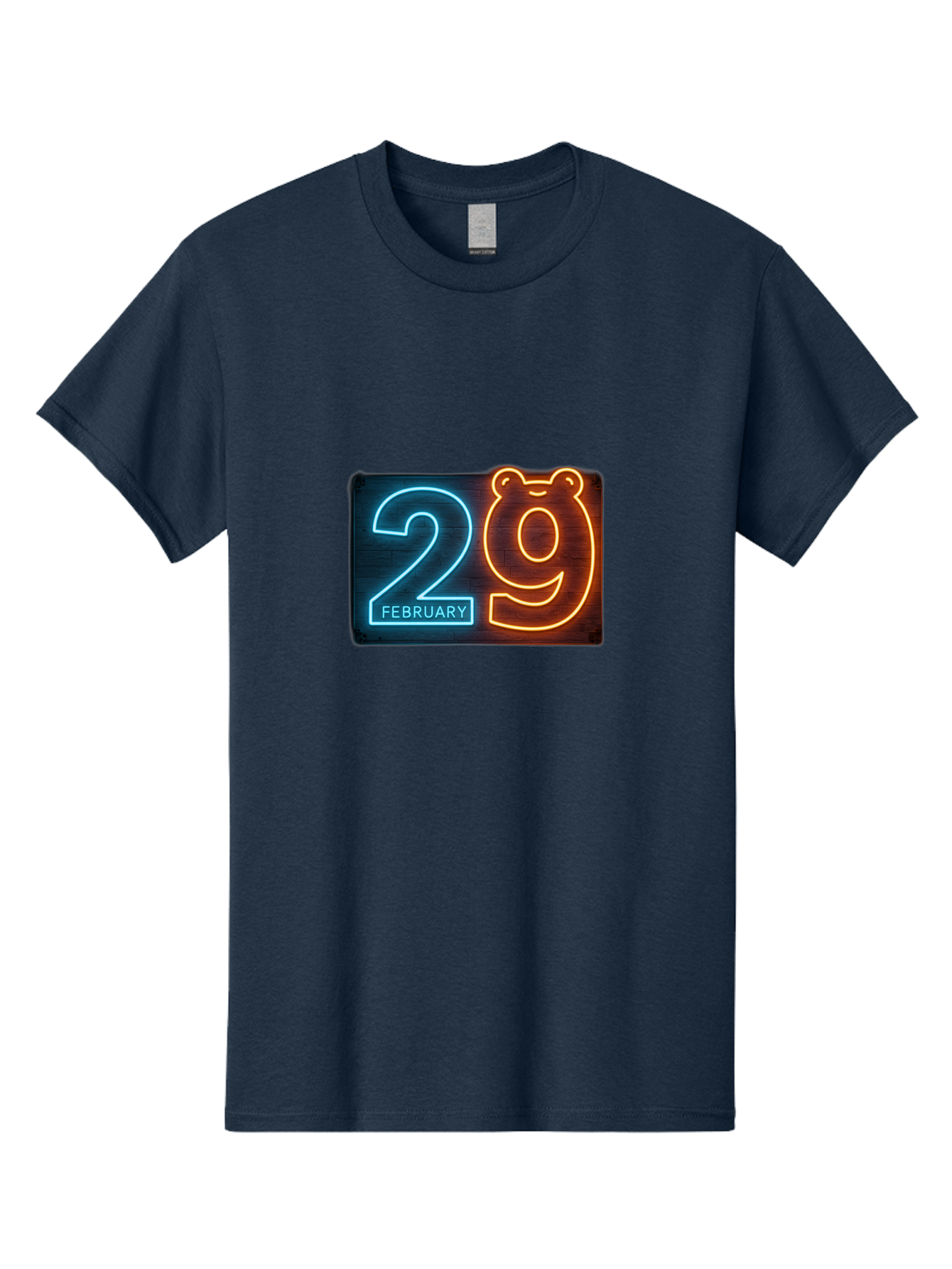 February-29 Men'S Graphic Tee, 100% Cotton, Comfortable Casual Summer Wear, Machine Washable, Leap Day, February 29, Neon Sign, Blue And Orange Glow, Bear Face, Unique Date, Calendar Event, Special Occasion, Retro Style, Glowing Numbers Bab901