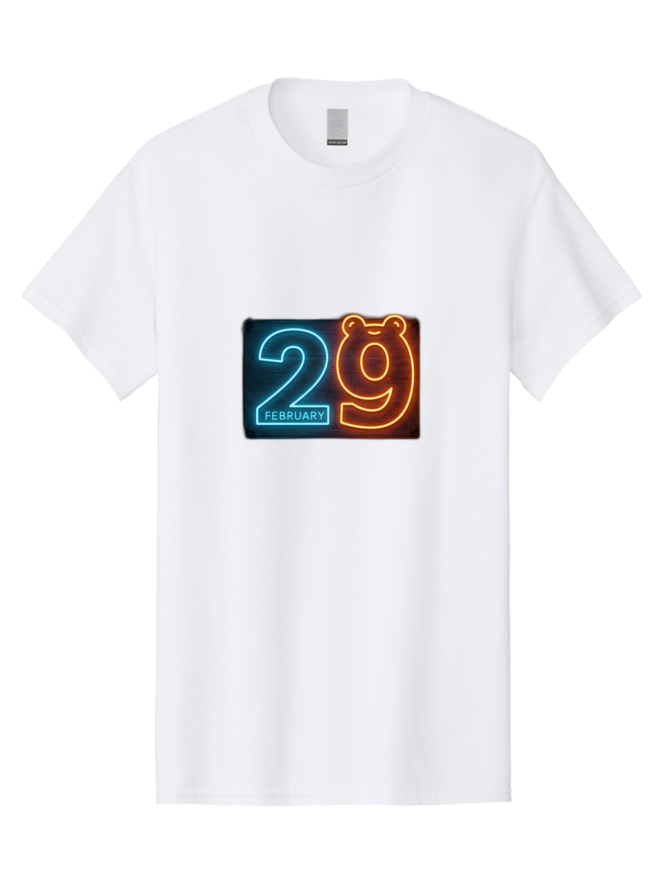 February-29 Men'S Graphic Tee, 100% Cotton, Comfortable Casual Summer Wear, Machine Washable, Leap Day, February 29, Neon Sign, Blue And Orange Glow, Bear Face, Unique Date, Calendar Event, Special Occasion, Retro Style, Glowing Numbers Bab901