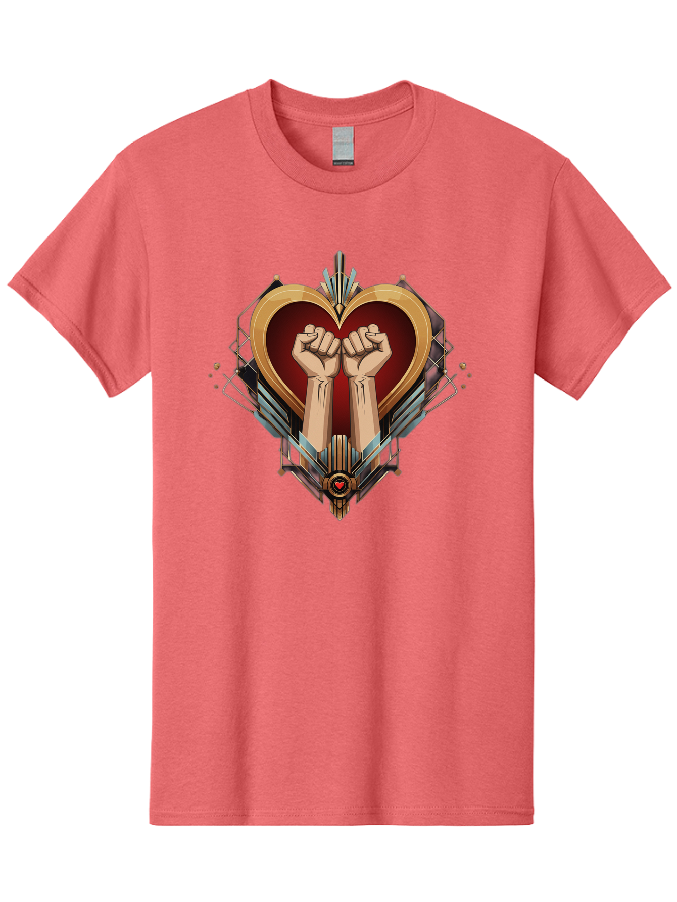 Fists-In-Heart-2 Men'S Graphic Tee, 100% Cotton, Comfortable Casual Summer Wear, Machine Washable, Fist Bump, Heart Shaped Design, Mechanical Elements, Red Heart, Gold Accents, Industrial Style, Symbol Of Solidarity, Graphic Art, Bab905