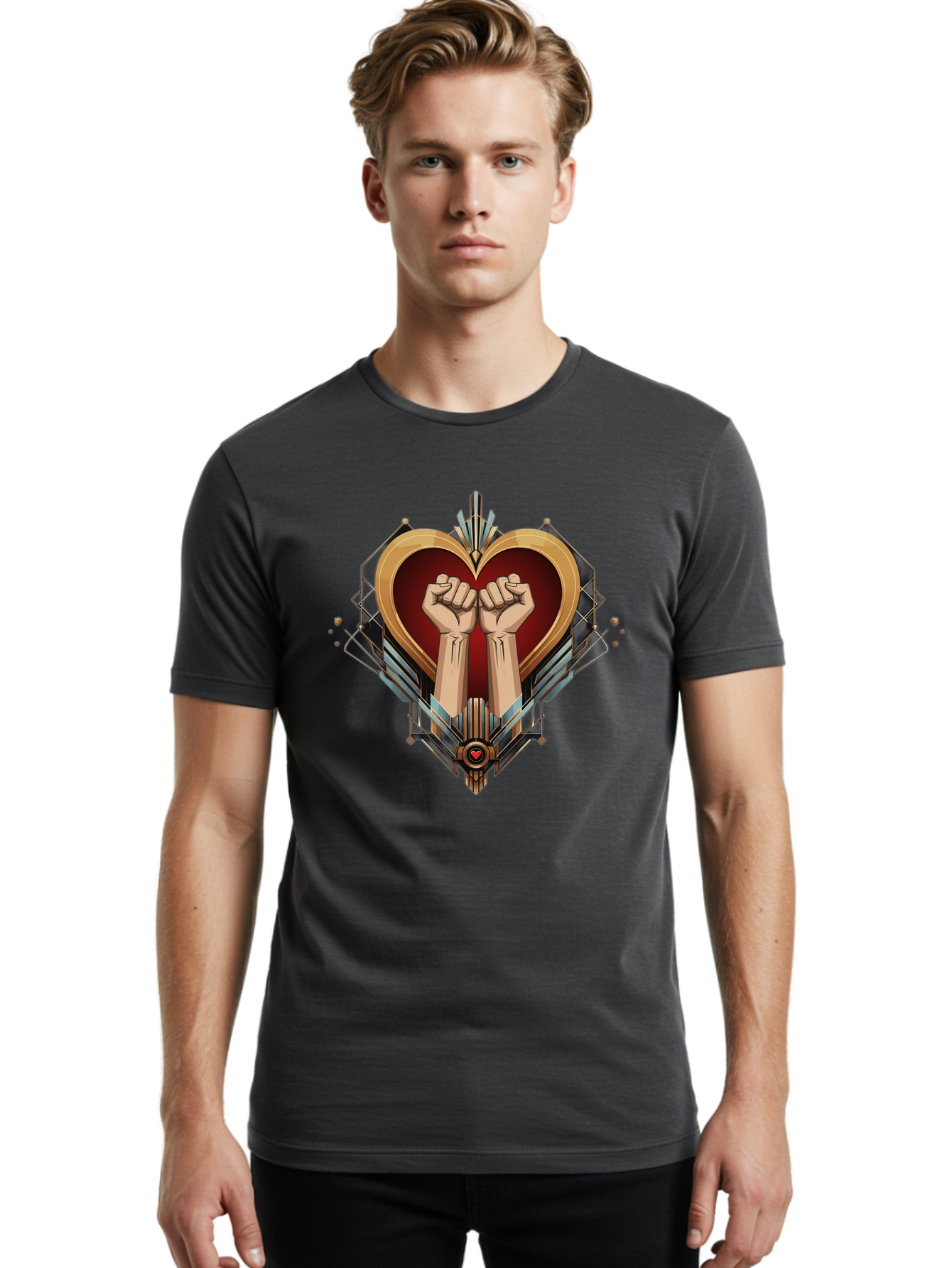 Fists-In-Heart-2 Men'S Graphic Tee, 100% Cotton, Comfortable Casual Summer Wear, Machine Washable, Fist Bump, Heart Shaped Design, Mechanical Elements, Red Heart, Gold Accents, Industrial Style, Symbol Of Solidarity, Graphic Art, Bab905
