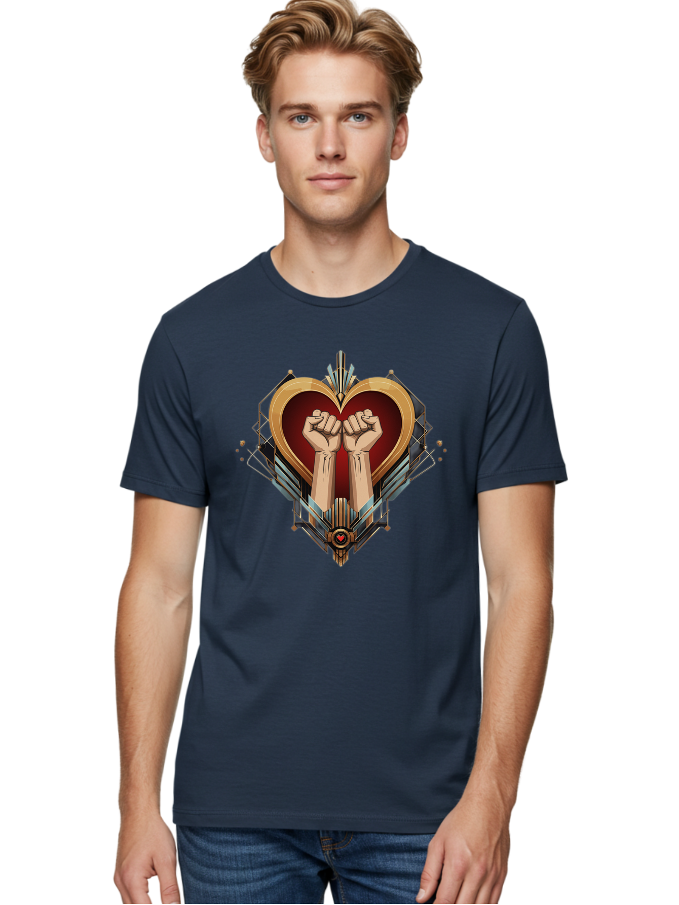 Fists-In-Heart-2 Men'S Graphic Tee, 100% Cotton, Comfortable Casual Summer Wear, Machine Washable, Fist Bump, Heart Shaped Design, Mechanical Elements, Red Heart, Gold Accents, Industrial Style, Symbol Of Solidarity, Graphic Art, Bab905