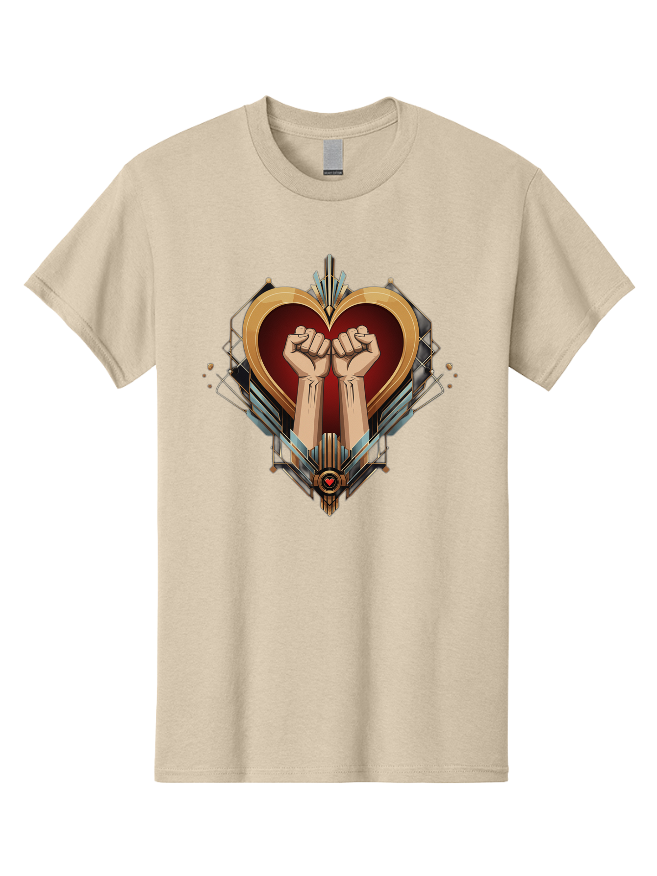Fists-In-Heart-2 Men'S Graphic Tee, 100% Cotton, Comfortable Casual Summer Wear, Machine Washable, Fist Bump, Heart Shaped Design, Mechanical Elements, Red Heart, Gold Accents, Industrial Style, Symbol Of Solidarity, Graphic Art, Bab905