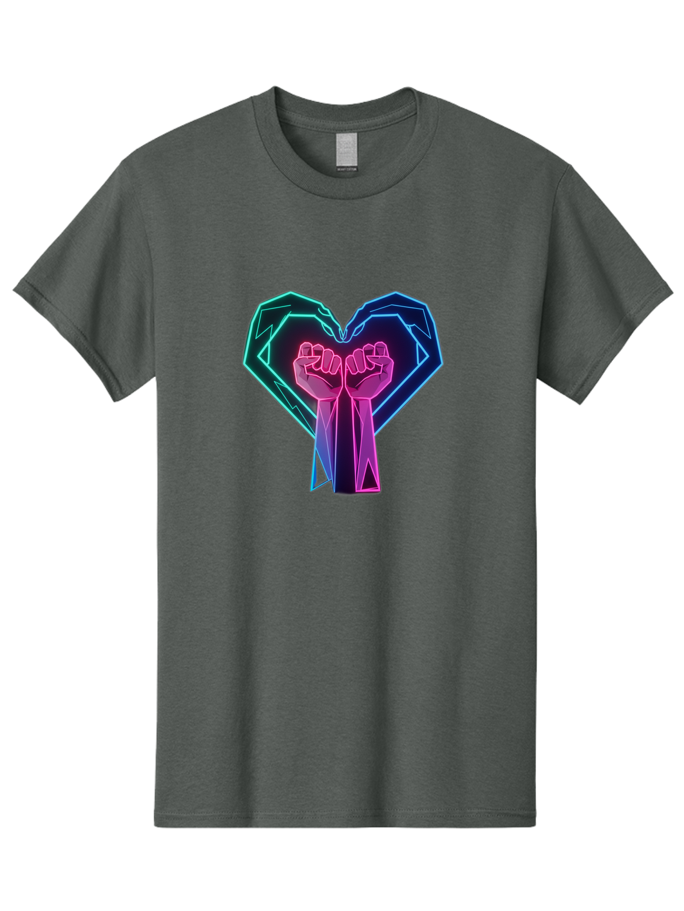 Fists-In-Heart Men'S Graphic Tee, 100% Cotton, Comfortable Casual Summer Wear, Machine Washable, Raised Fists, Heart Shape, Neon Lights, Solidarity Symbol, Unity, Social Justice, Protest, Activism, Empowerment, Love Bab906