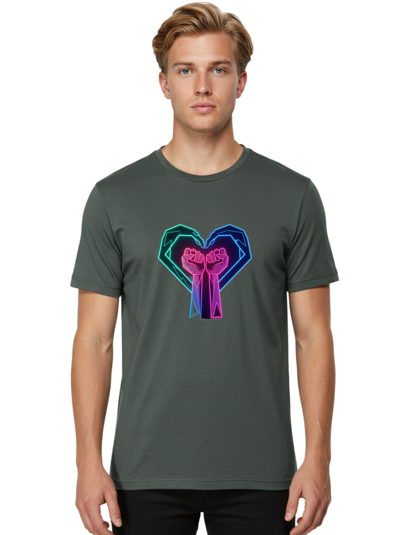 Fists-In-Heart Men'S Graphic Tee, 100% Cotton, Comfortable Casual Summer Wear, Machine Washable, Raised Fists, Heart Shape, Neon Lights, Solidarity Symbol, Unity, Social Justice, Protest, Activism, Empowerment, Love Bab906