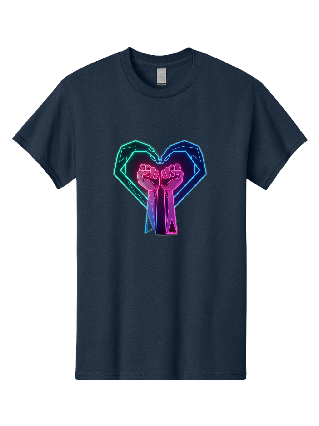 Fists-In-Heart Men'S Graphic Tee, 100% Cotton, Comfortable Casual Summer Wear, Machine Washable, Raised Fists, Heart Shape, Neon Lights, Solidarity Symbol, Unity, Social Justice, Protest, Activism, Empowerment, Love Bab906