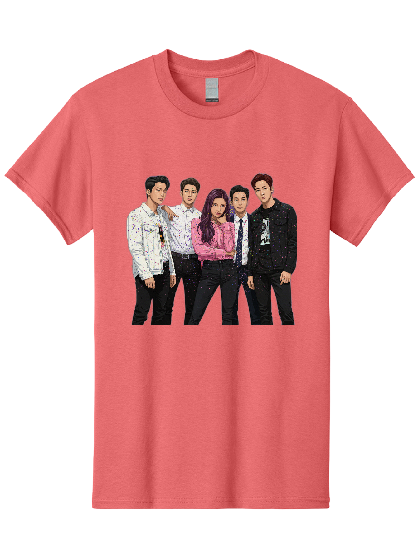 Five-People Men'S Graphic Tee, 100% Cotton, Comfortable Casual Summer Wear, Machine Washable, Group Of Young Adults, Casual Fashion, Streetwear Style, Pink Shirt, White Shirts, Black Pants, Denim Jackets, K-Pop Fashion Bab907