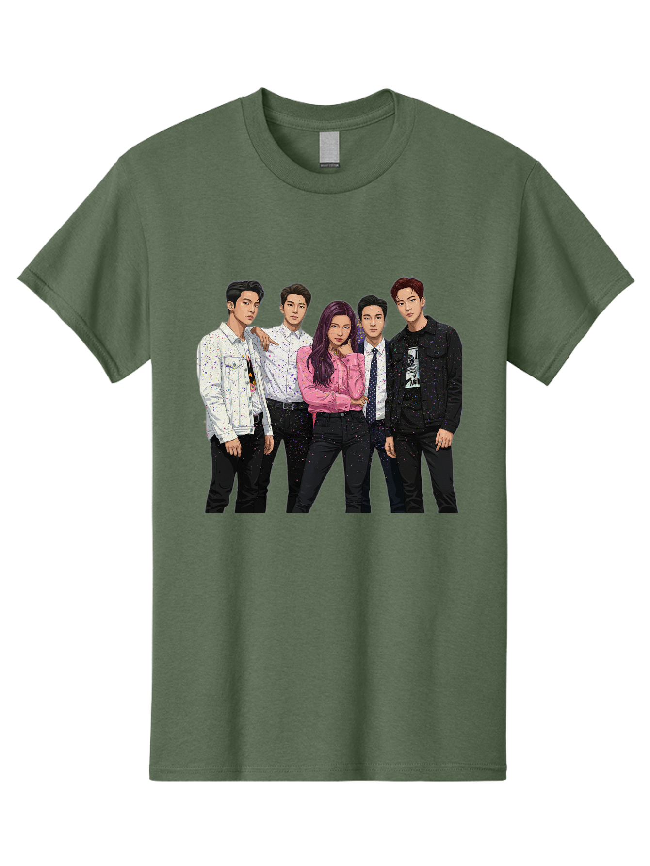 Five-People Men'S Graphic Tee, 100% Cotton, Comfortable Casual Summer Wear, Machine Washable, Group Of Young Adults, Casual Fashion, Streetwear Style, Pink Shirt, White Shirts, Black Pants, Denim Jackets, K-Pop Fashion Bab907
