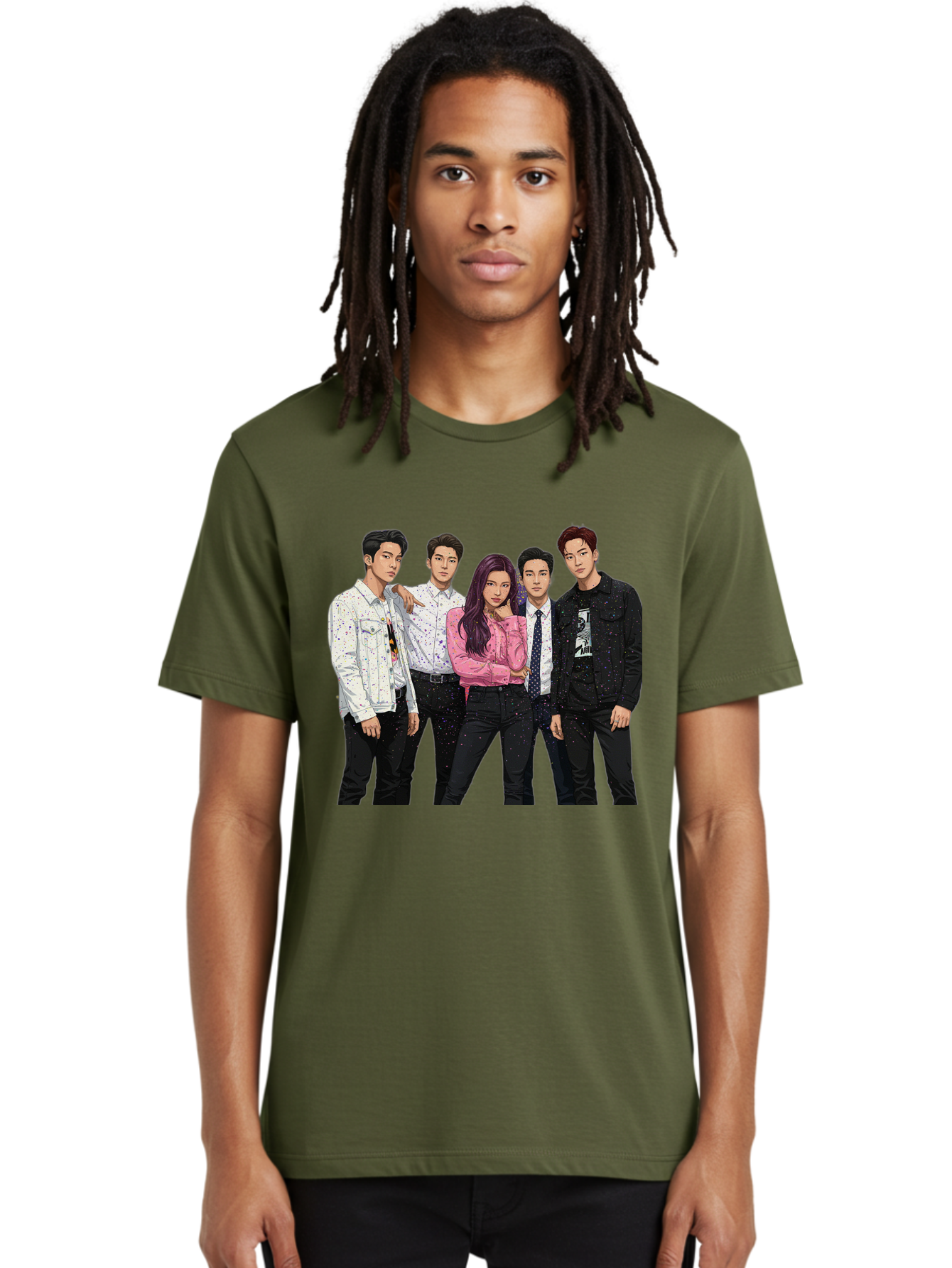 Five-People Men'S Graphic Tee, 100% Cotton, Comfortable Casual Summer Wear, Machine Washable, Group Of Young Adults, Casual Fashion, Streetwear Style, Pink Shirt, White Shirts, Black Pants, Denim Jackets, K-Pop Fashion Bab907