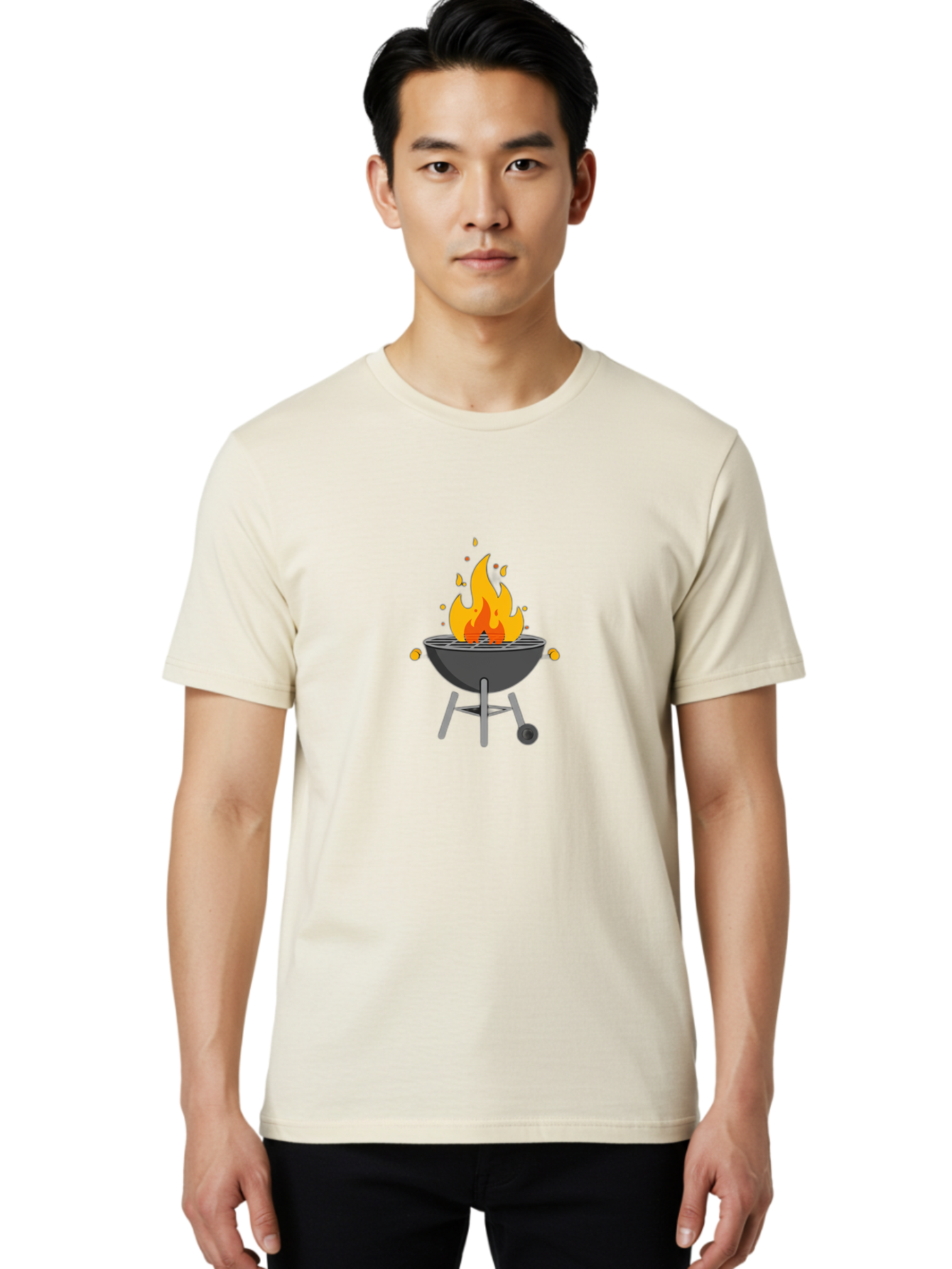 Flaming-Grill Men'S Graphic Tee, 100% Cotton, Comfortable Casual Summer Wear, Machine Washable, Charcoal Grill, Barbecue, Outdoor Cooking, Flame, Fire, Hot Coals, Grill Marks, Summer Fun, Backyard Gathering, Cooking Outdoors Bab909