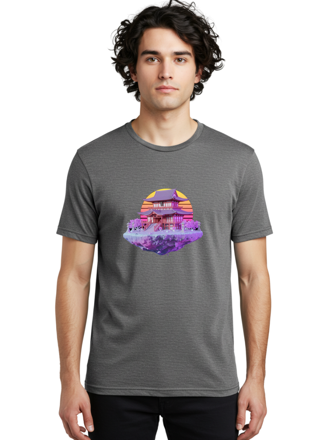 Floating-Pagoda Men'S Graphic Tee, 100% Cotton, Comfortable Casual Summer Wear, Machine Washable, Japanese Pagoda, Floating Island, Serene Landscape, Fantastical Scenery, Vibrant Colors, Peaceful Atmosphere, Surreal Art, Dreamy Landscape, Bab910