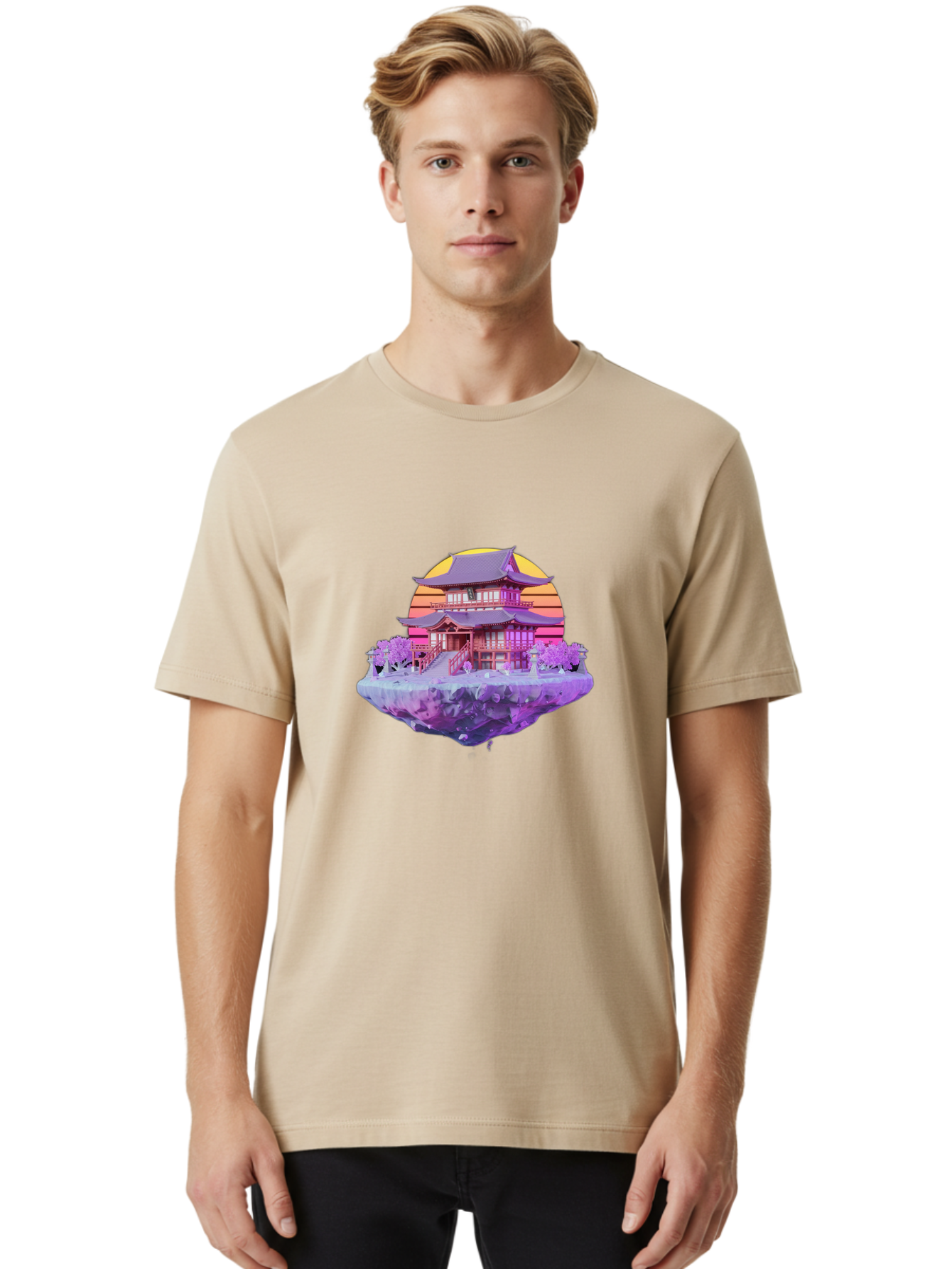 Floating-Pagoda Men'S Graphic Tee, 100% Cotton, Comfortable Casual Summer Wear, Machine Washable, Japanese Pagoda, Floating Island, Serene Landscape, Fantastical Scenery, Vibrant Colors, Peaceful Atmosphere, Surreal Art, Dreamy Landscape, Bab910