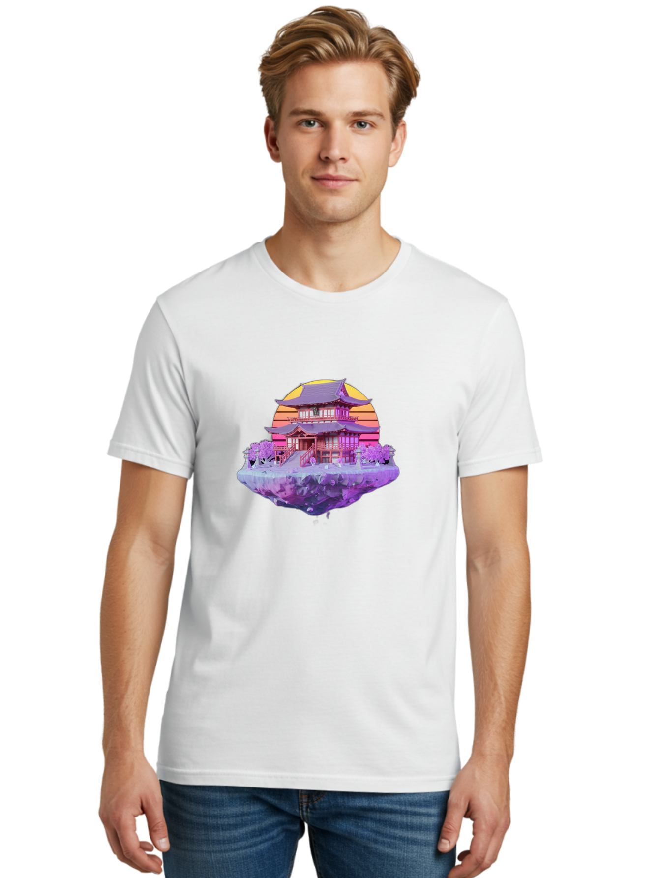 Floating-Pagoda Men'S Graphic Tee, 100% Cotton, Comfortable Casual Summer Wear, Machine Washable, Japanese Pagoda, Floating Island, Serene Landscape, Fantastical Scenery, Vibrant Colors, Peaceful Atmosphere, Surreal Art, Dreamy Landscape, Bab910