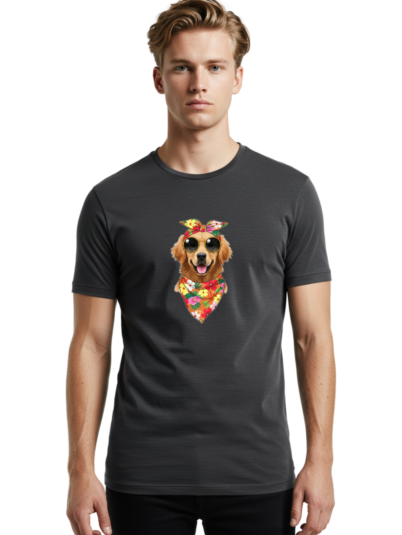 Floral-Dog Men'S Graphic Tee, 100% Cotton, Comfortable Casual Summer Wear, Machine Washable, Dog Wearing Sunglasses, Floral Bandana, Cool Dog, Happy Dog, Funky Pet, Hippie Dog, Cartoon Dog, Pet Fashion, Trendy Dog Accessories, Dog Apparel Bab911