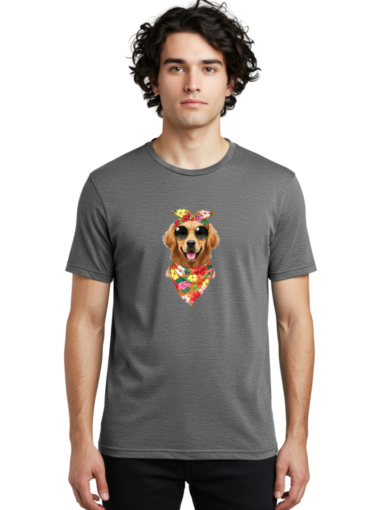 Floral-Dog Men'S Graphic Tee, 100% Cotton, Comfortable Casual Summer Wear, Machine Washable, Dog Wearing Sunglasses, Floral Bandana, Cool Dog, Happy Dog, Funky Pet, Hippie Dog, Cartoon Dog, Pet Fashion, Trendy Dog Accessories, Dog Apparel Bab911