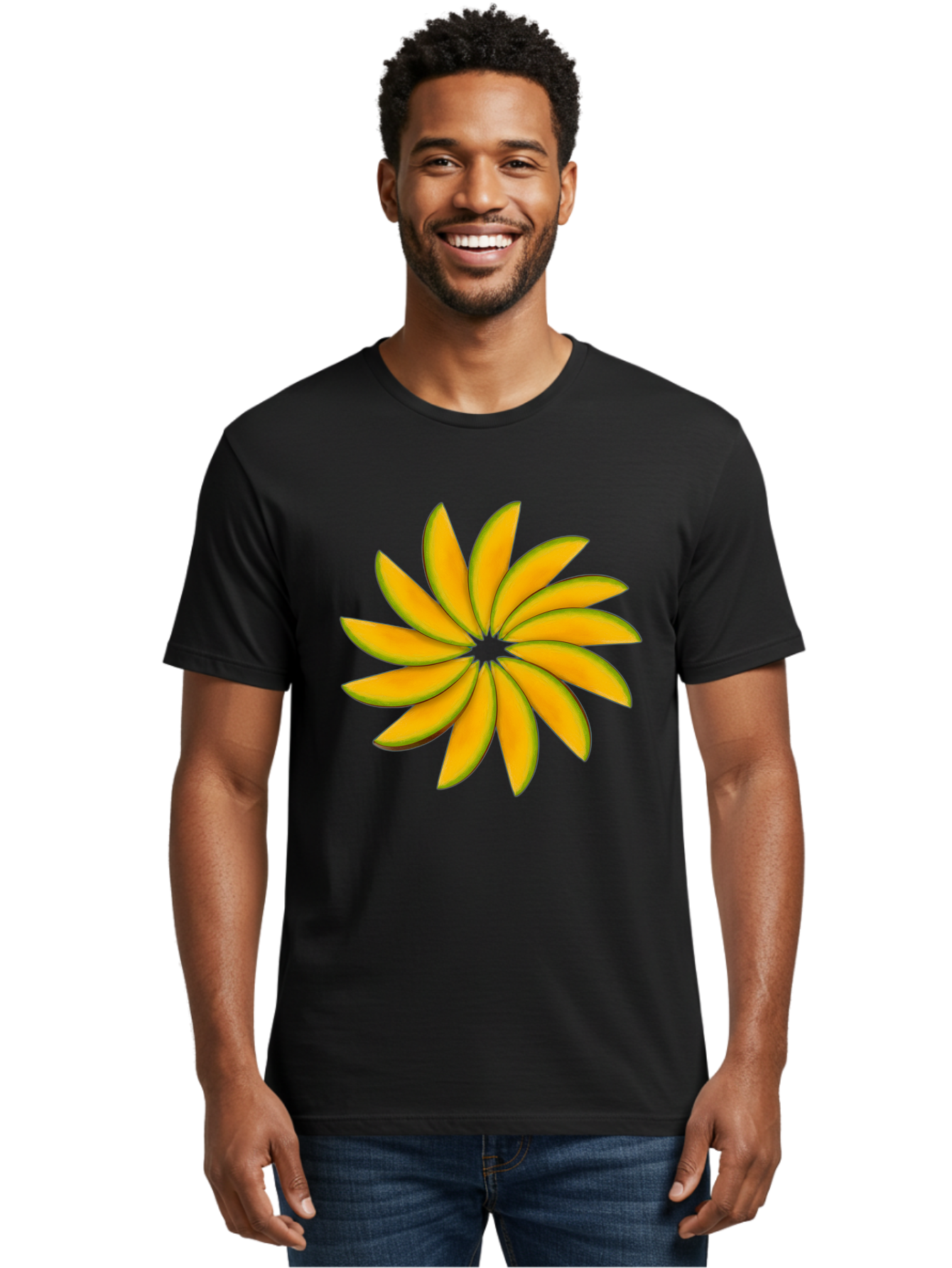 Flower Men'S Graphic Tee, 100% Cotton, Comfortable Casual Summer Wear, Machine Washable, Yellow Flower, Floral Design, Digital Art, Vibrant Petals, Graphic Illustration, Flower Graphic, Orange-Yellow Hues, Symmetrical Shape, Stylized Bloom Bab912