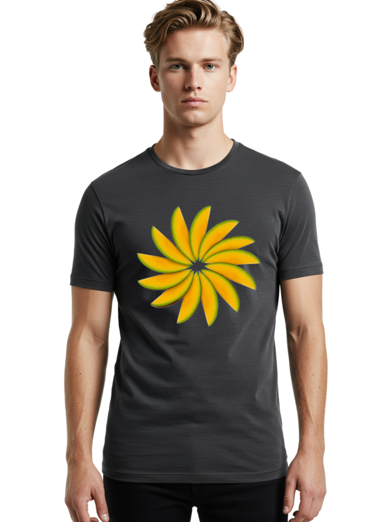 Flower Men'S Graphic Tee, 100% Cotton, Comfortable Casual Summer Wear, Machine Washable, Yellow Flower, Floral Design, Digital Art, Vibrant Petals, Graphic Illustration, Flower Graphic, Orange-Yellow Hues, Symmetrical Shape, Stylized Bloom Bab912