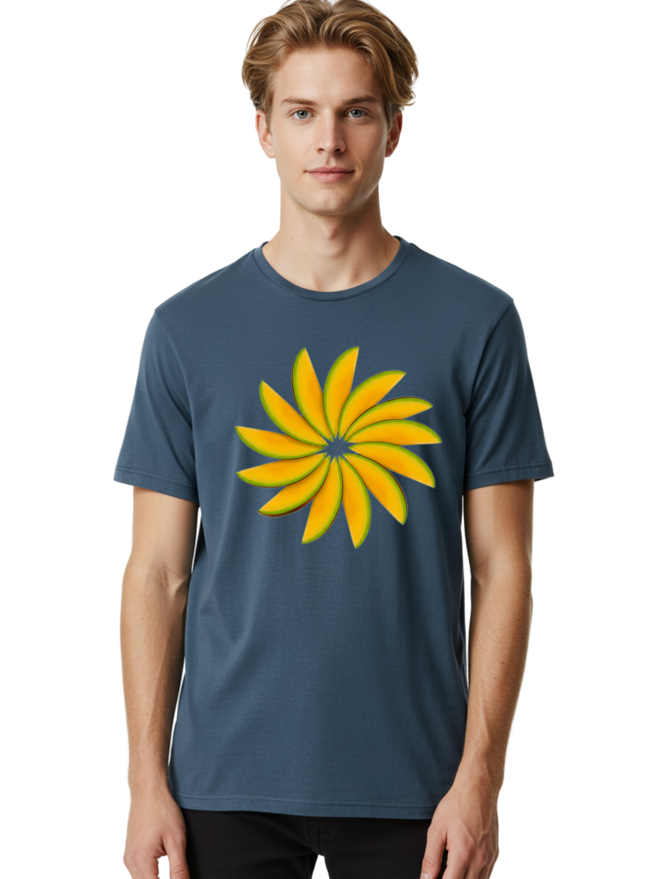 Flower Men'S Graphic Tee, 100% Cotton, Comfortable Casual Summer Wear, Machine Washable, Yellow Flower, Floral Design, Digital Art, Vibrant Petals, Graphic Illustration, Flower Graphic, Orange-Yellow Hues, Symmetrical Shape, Stylized Bloom Bab912
