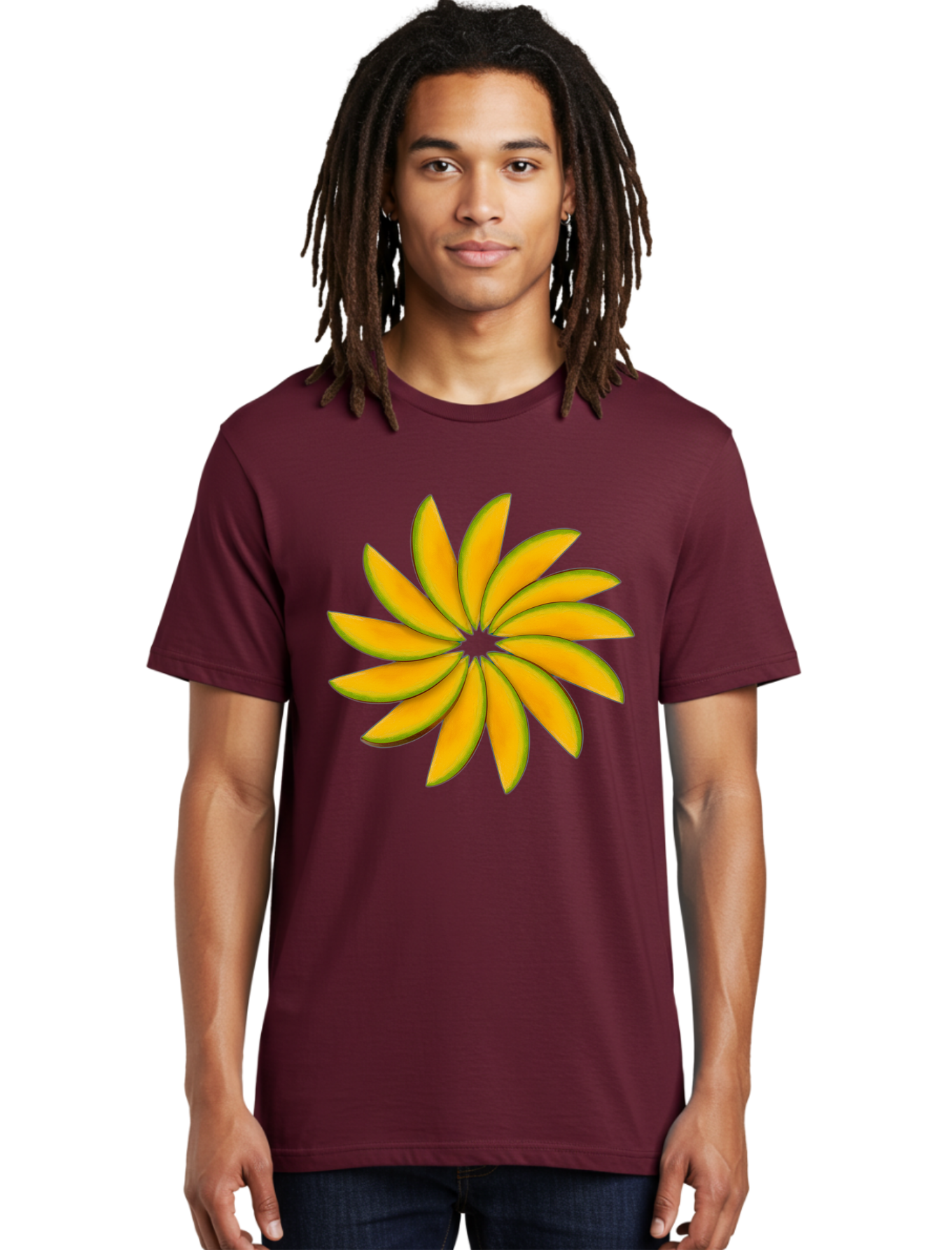 Flower Men'S Graphic Tee, 100% Cotton, Comfortable Casual Summer Wear, Machine Washable, Yellow Flower, Floral Design, Digital Art, Vibrant Petals, Graphic Illustration, Flower Graphic, Orange-Yellow Hues, Symmetrical Shape, Stylized Bloom Bab912