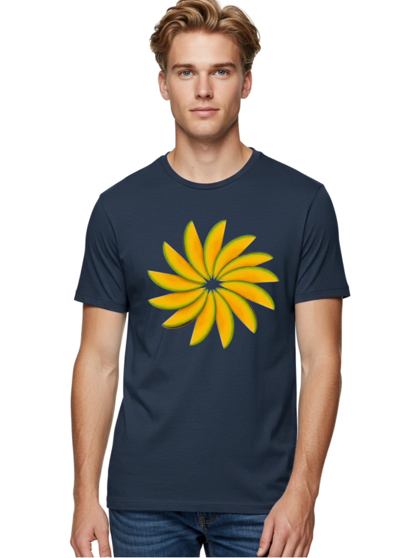 Flower Men'S Graphic Tee, 100% Cotton, Comfortable Casual Summer Wear, Machine Washable, Yellow Flower, Floral Design, Digital Art, Vibrant Petals, Graphic Illustration, Flower Graphic, Orange-Yellow Hues, Symmetrical Shape, Stylized Bloom Bab912