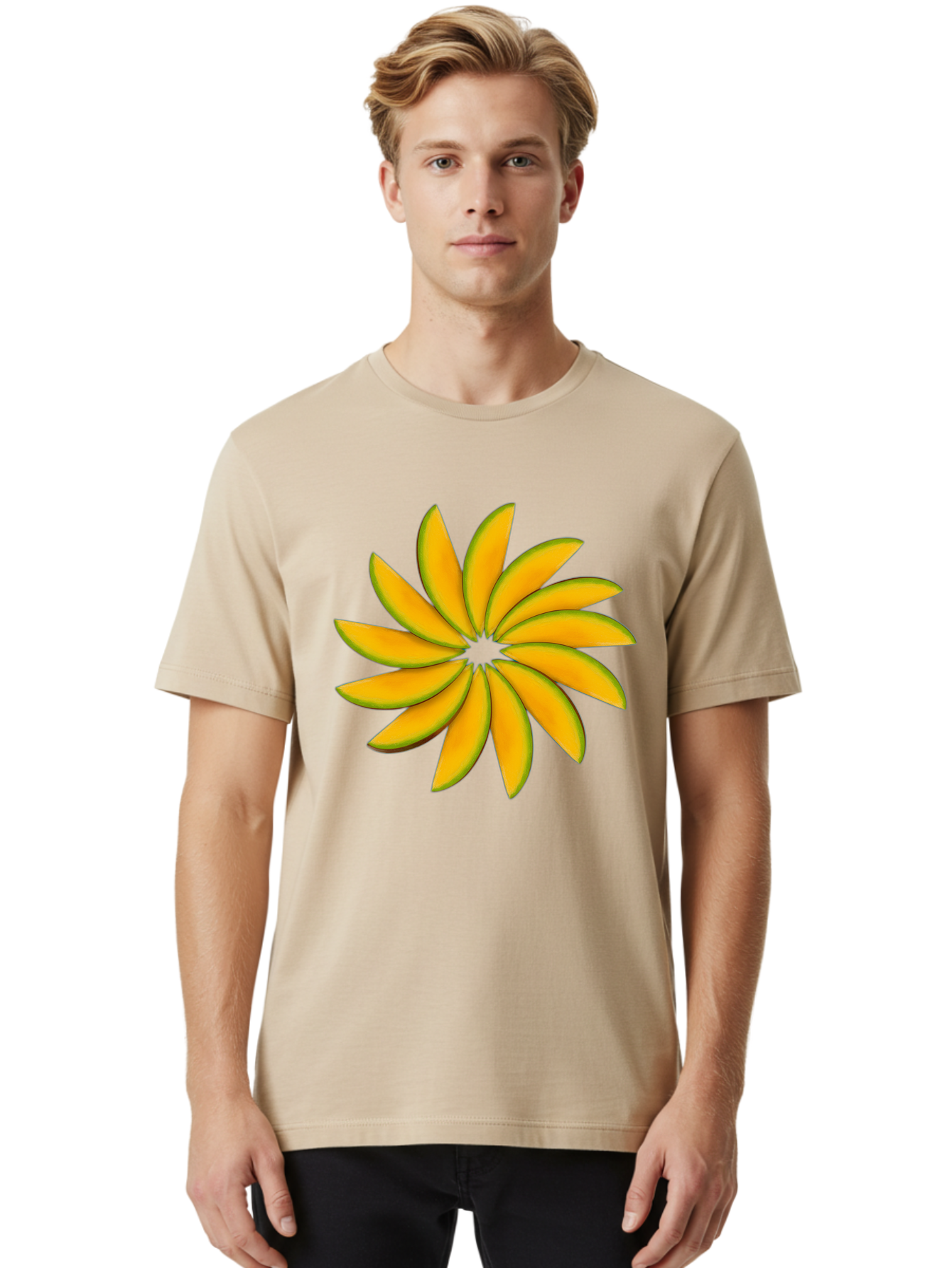 Flower Men'S Graphic Tee, 100% Cotton, Comfortable Casual Summer Wear, Machine Washable, Yellow Flower, Floral Design, Digital Art, Vibrant Petals, Graphic Illustration, Flower Graphic, Orange-Yellow Hues, Symmetrical Shape, Stylized Bloom Bab912