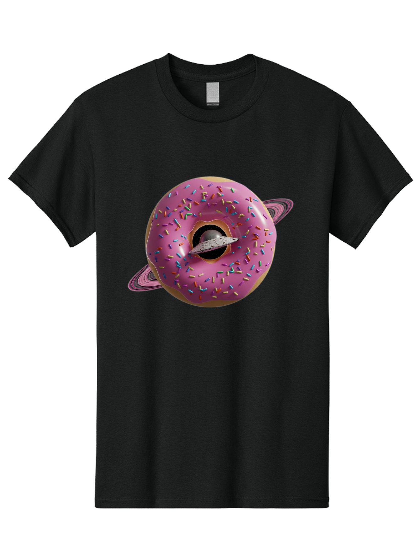Flying-Saucer-Donut-Planet Men'S Graphic Tee, 100% Cotton, Comfortable Casual Summer Wear, Machine Washable, Pink Donut Planet, Donut With Sprinkles, Ufo Flying Through Donut, Pastel Colors, Pastel Donut, Sprinkles, Surreal Scene, Donut Hole, Bab913